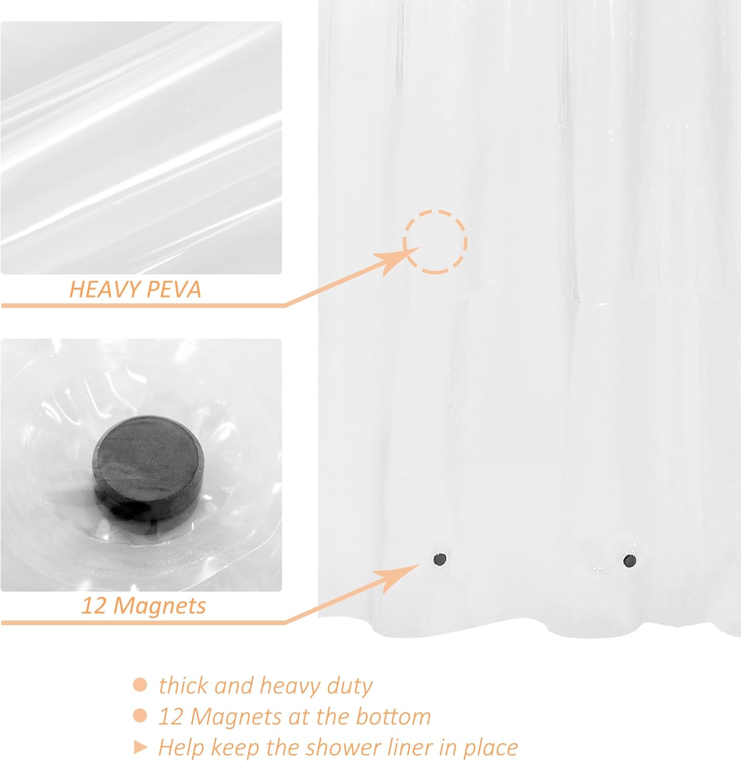 Mrs Awesome Clawfoot Tub Shower Curtain or Liner with 12 Magnets - Free 36 Hooks Included, Waterproof PEVA, 180" x 70", Clear