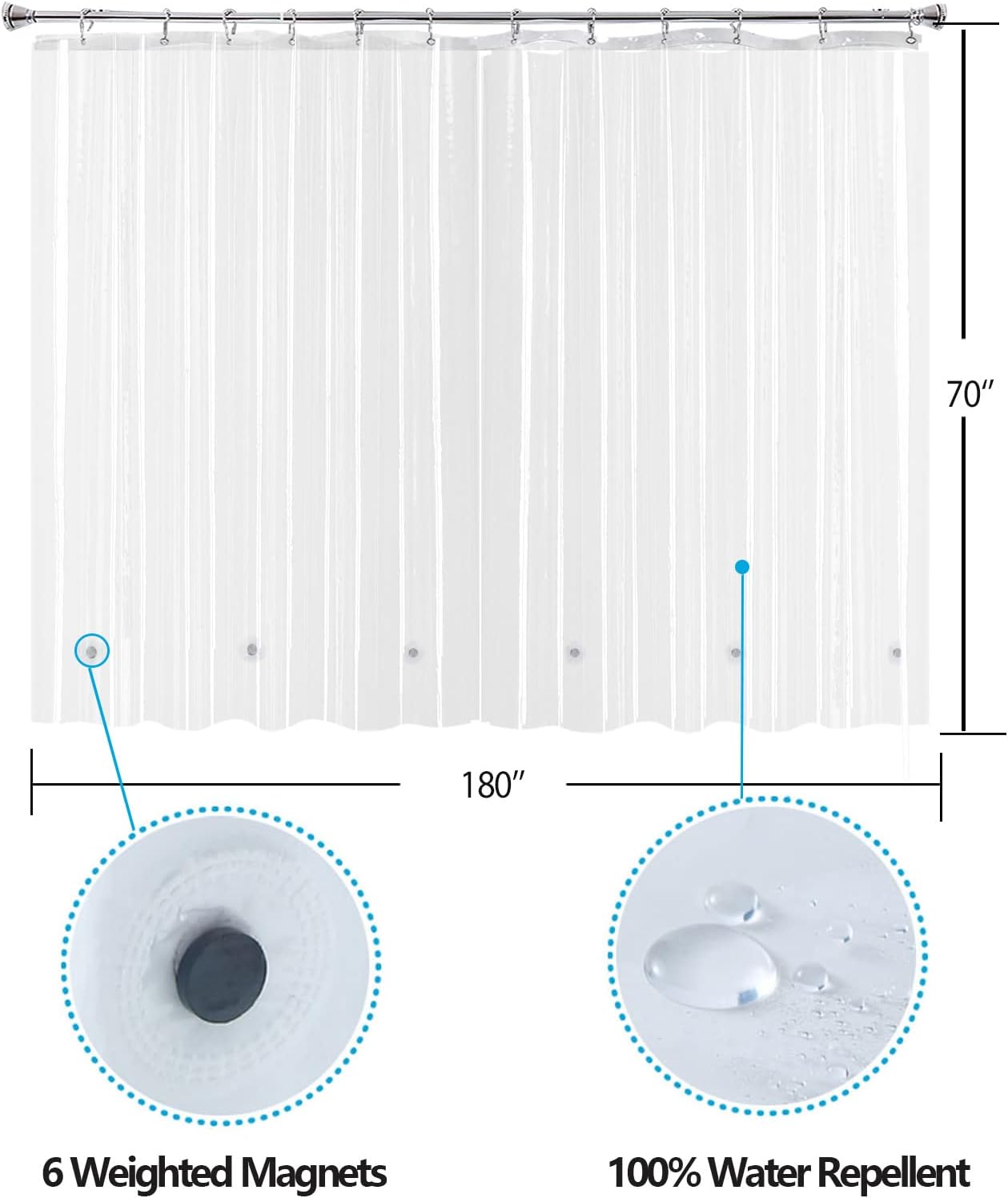 YISURE Clawfoot Tub Shower Curtain, Wrap Around Clear Shower Curtain Liner with 6 Bottom Magnets PEVA Extra Wide Bathtub Curtain for Bathroom Vintage Freestanding Tub 180’’W x 70’’L
