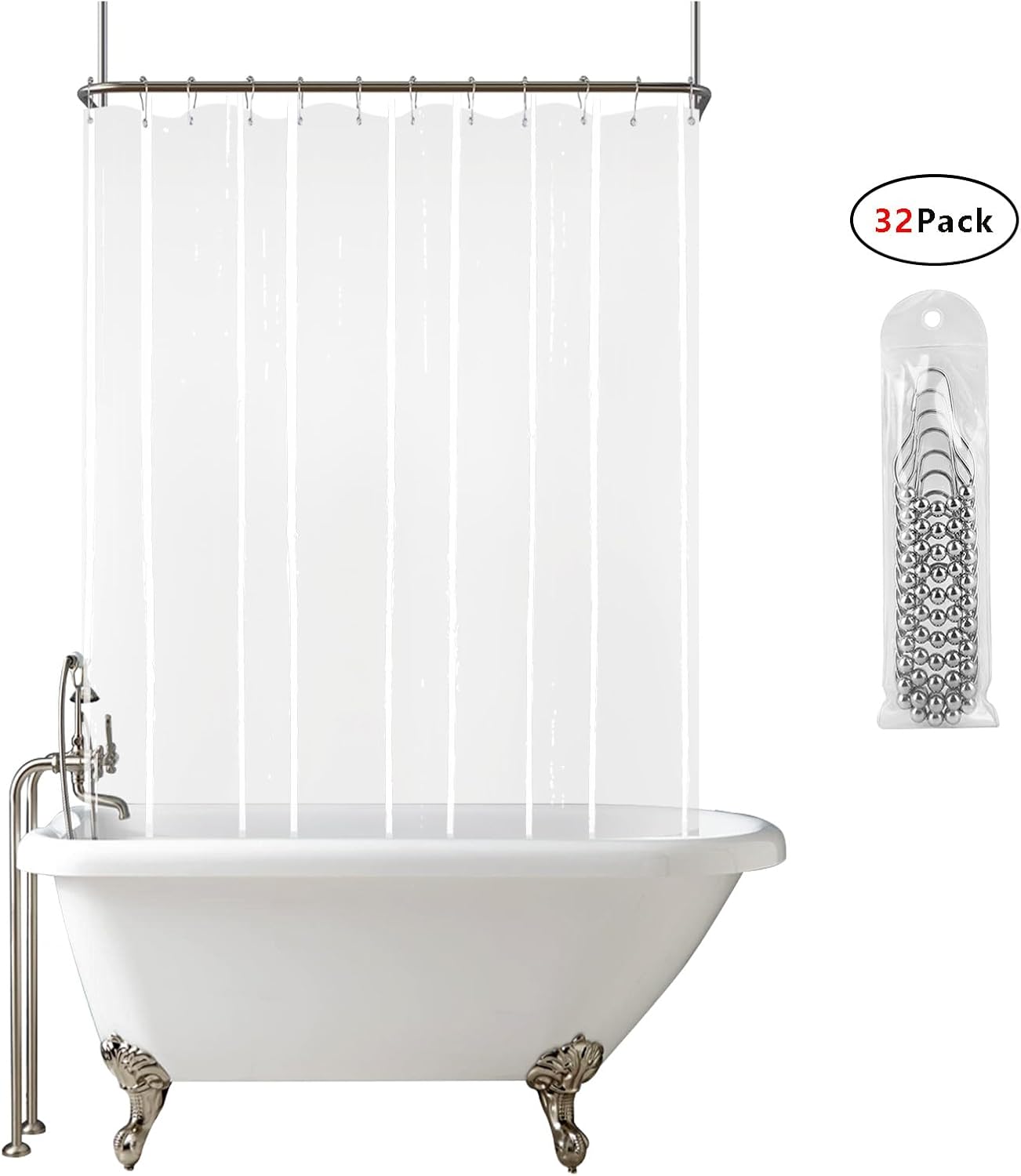 Clear Clawfoot Tub Shower Curtain Short Length 60 Inch 360 PEVA Wrap Around Bath Tub Curtain Sets with 6 Bottom Magnets for Bathroom Freestanding Tub 32 Metal Hooks Included 60''L x 180''W