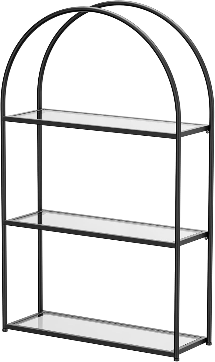 Crofy Gold Arched Frame Wall Shelf, Decorative 2 Tier Bathroom Wall Shelf with Transparent Tempered Glass Shelves and Robust Storage Capacity, 6" D x 17.9" W x 19.18" H