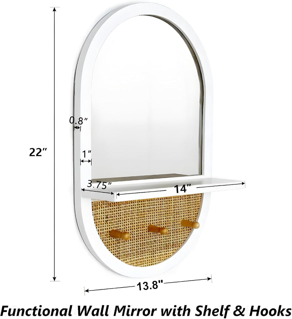 White Wall Mirror with Hooks, 22x14 Inch Boho Wall Mirror with Removable Shelf, Oval Framed, Handmade Rattan Mirror for Entryway, Over Sink, Bathroom, Bedroom, Living Room, Hallway, Vanity