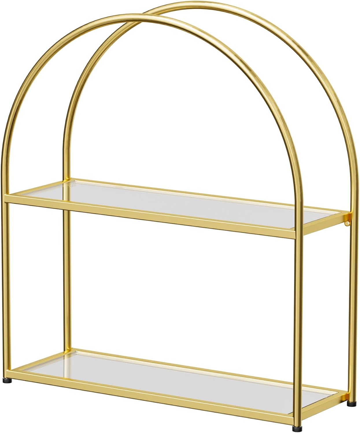 Crofy Gold Arched Frame Wall Shelf, Decorative 2 Tier Bathroom Wall Shelf with Transparent Tempered Glass Shelves and Robust Storage Capacity, 6" D x 17.9" W x 19.18" H