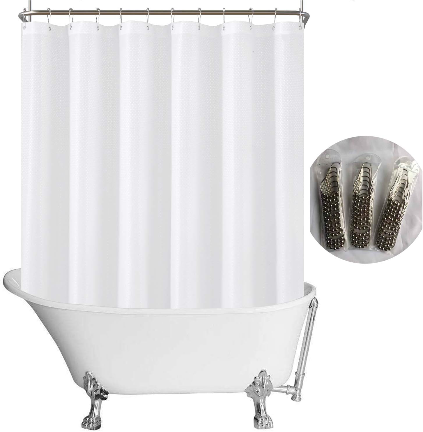 N&Y HOME Fabric Clawfoot Tub Shower Curtain 180 x 70 inches All Wrap Around, 36 Hooks Included, Hotel Quality, Washable, Water Repellent, Diamond Pattern White Bathroom Curtains with Grommets