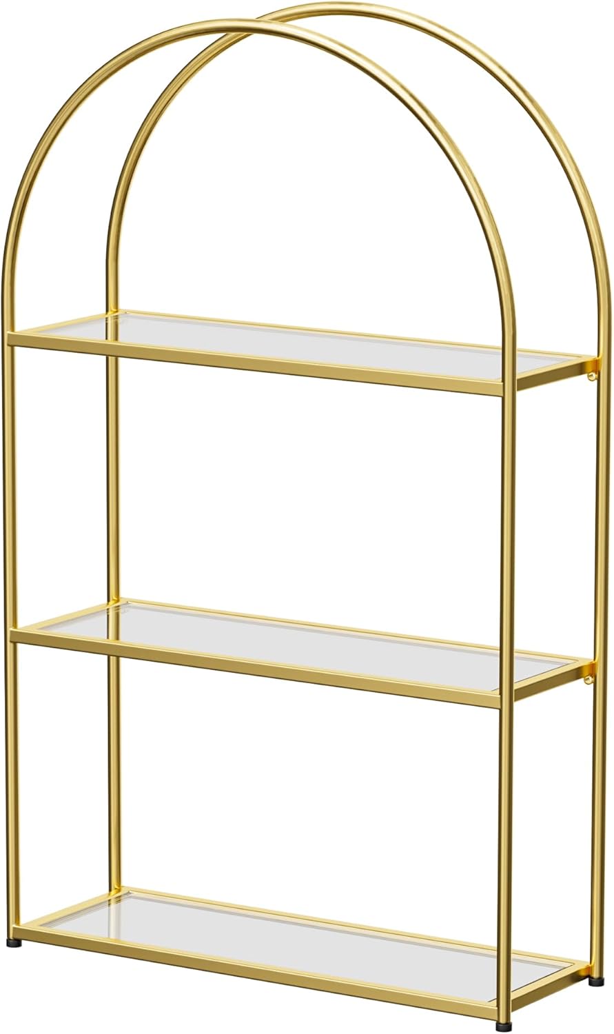 Crofy Gold Arched Frame Wall Shelf, Decorative 2 Tier Bathroom Wall Shelf with Transparent Tempered Glass Shelves and Robust Storage Capacity, 6" D x 17.9" W x 19.18" H