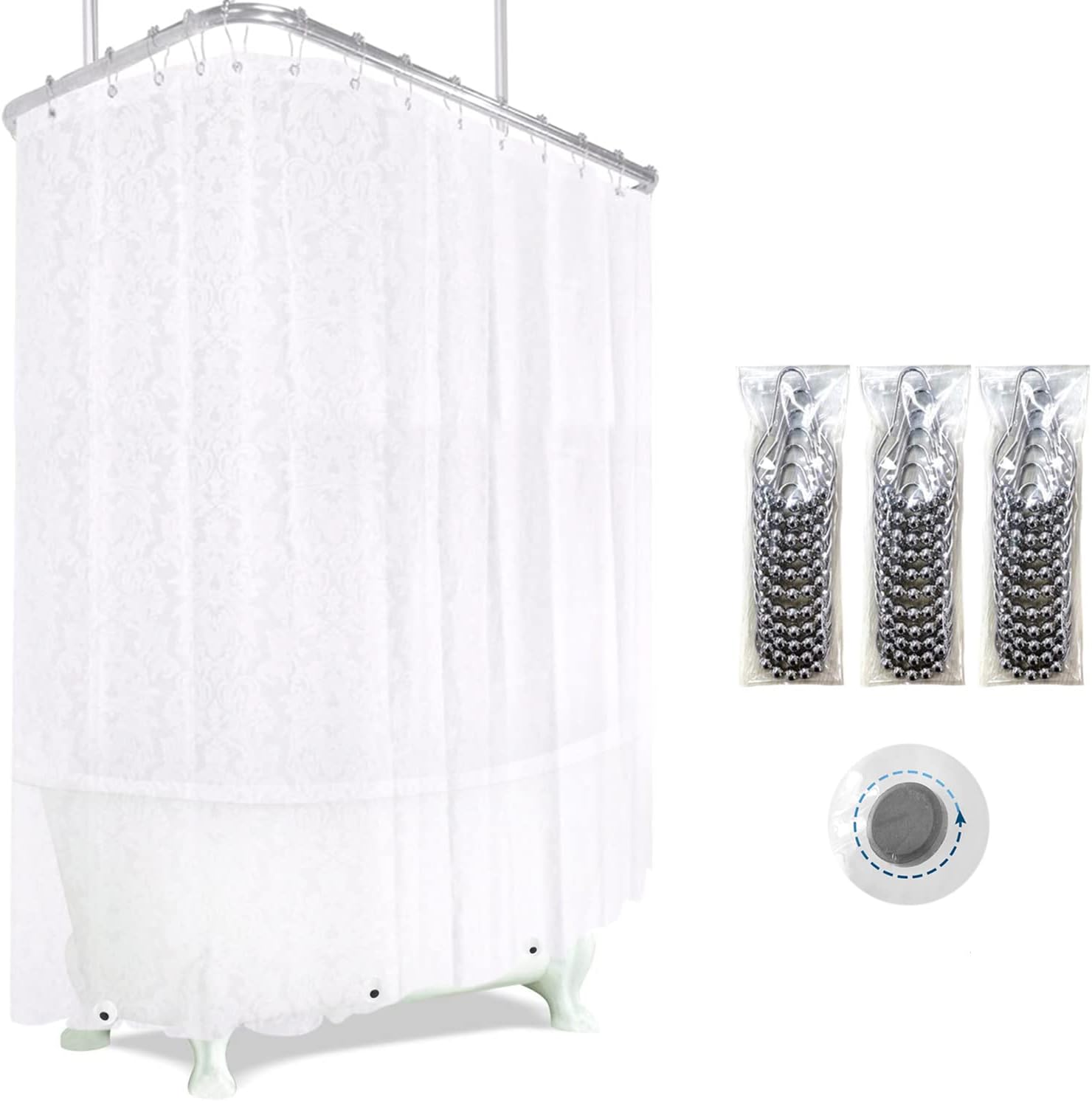 Clawfoot Tub Shower Curtain Floral Damask Liner All Around Extra Wide 180x70 Inch Heavy Duty Artwork Print Bath Curtain for Bathroom Decoration with 36 Metal Grommets Hooks PEVA Waterproof