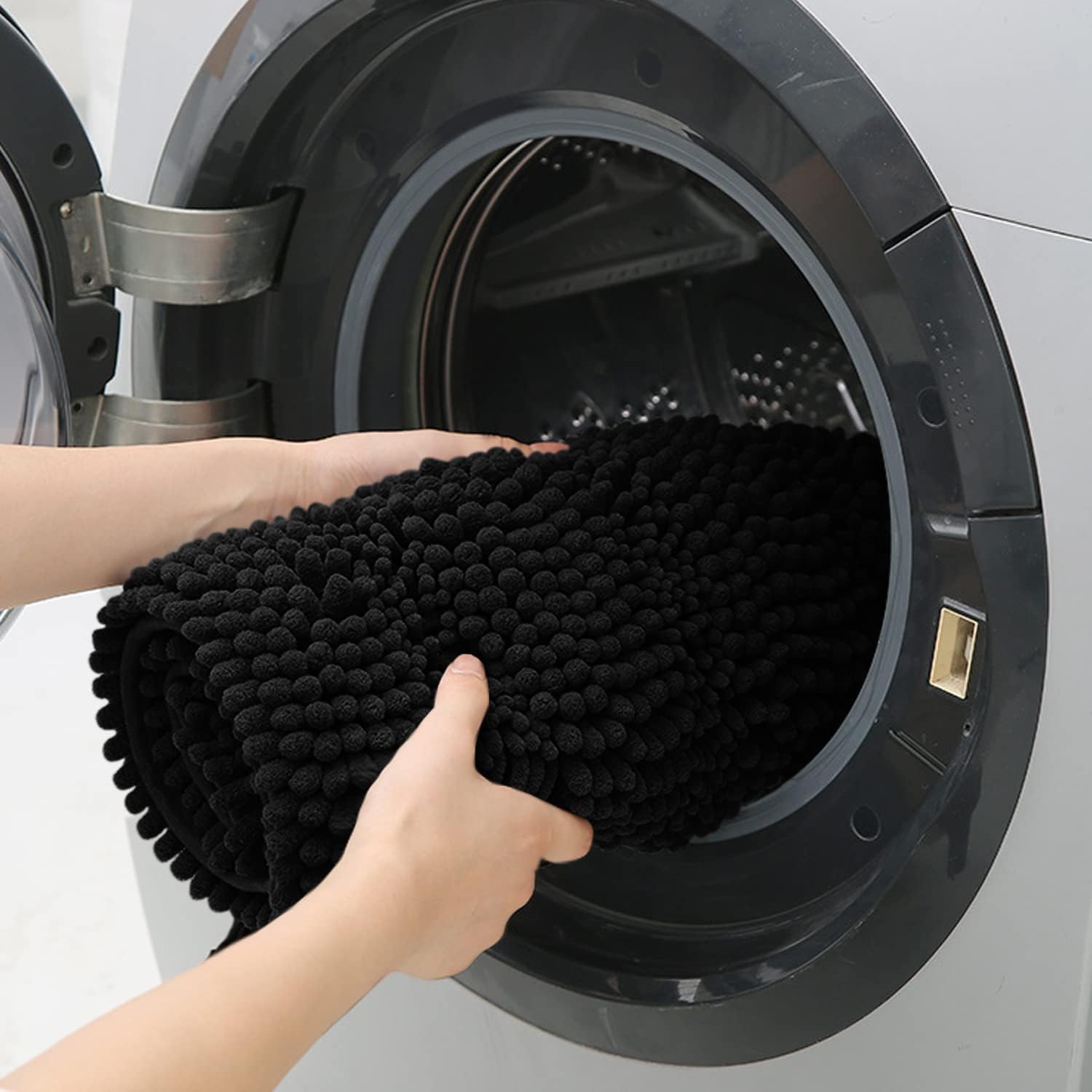 ACCUMTEK Striped Black Bathroom Rug Set 3 Pieces Ultra Soft, Non Slip Chenille Toilet Mat, Absorbent Plush Shaggy Bath Mats for Bathroom, Bedroom, Kitchen