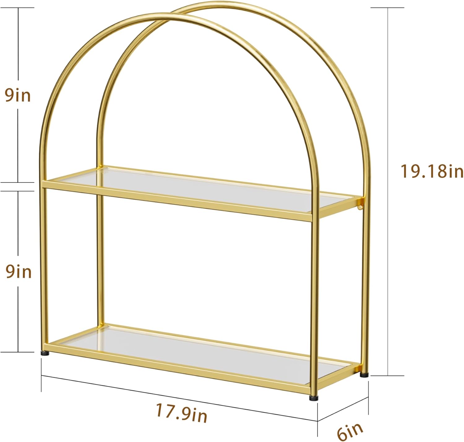Crofy Gold Arched Frame Wall Shelf, Decorative 2 Tier Bathroom Wall Shelf with Transparent Tempered Glass Shelves and Robust Storage Capacity, 6" D x 17.9" W x 19.18" H
