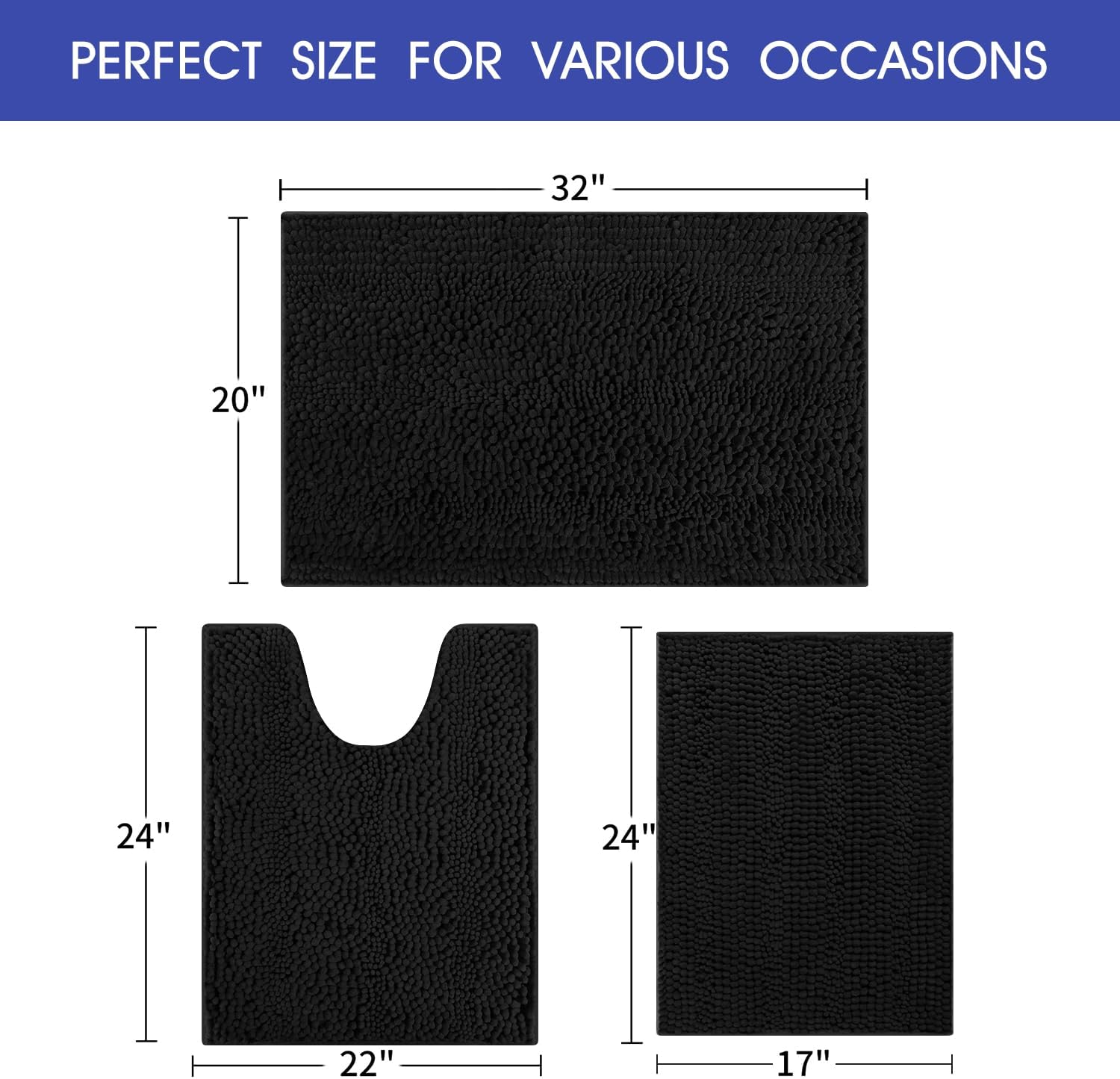 ACCUMTEK Striped Black Bathroom Rug Set 3 Pieces Ultra Soft, Non Slip Chenille Toilet Mat, Absorbent Plush Shaggy Bath Mats for Bathroom, Bedroom, Kitchen
