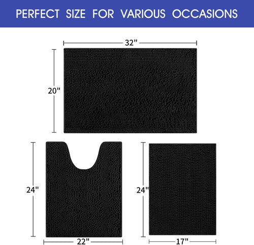 ACCUMTEK Striped Black Bathroom Rug Set 3 Pieces Ultra Soft, Non Slip Chenille Toilet Mat, Absorbent Plush Shaggy Bath Mats for Bathroom, Bedroom, Kitchen