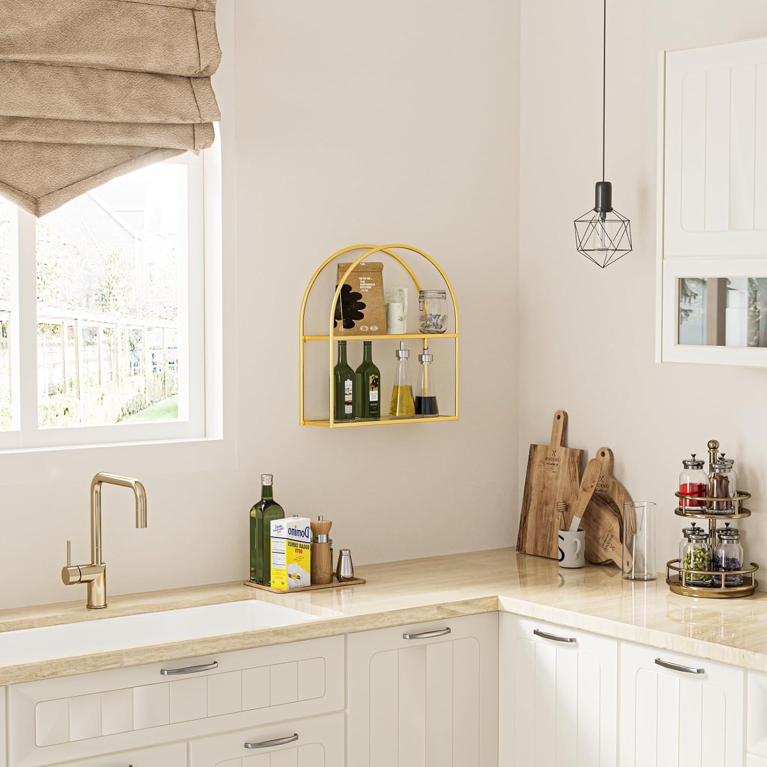 Crofy Gold Arched Frame Wall Shelf, Decorative 2 Tier Bathroom Wall Shelf with Transparent Tempered Glass Shelves and Robust Storage Capacity, 6" D x 17.9" W x 19.18" H