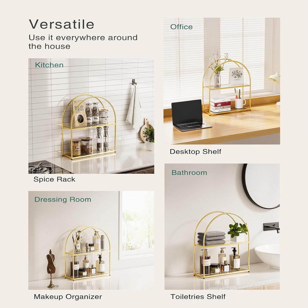 Crofy Gold Arched Frame Wall Shelf, Decorative 2 Tier Bathroom Wall Shelf with Transparent Tempered Glass Shelves and Robust Storage Capacity, 6" D x 17.9" W x 19.18" H