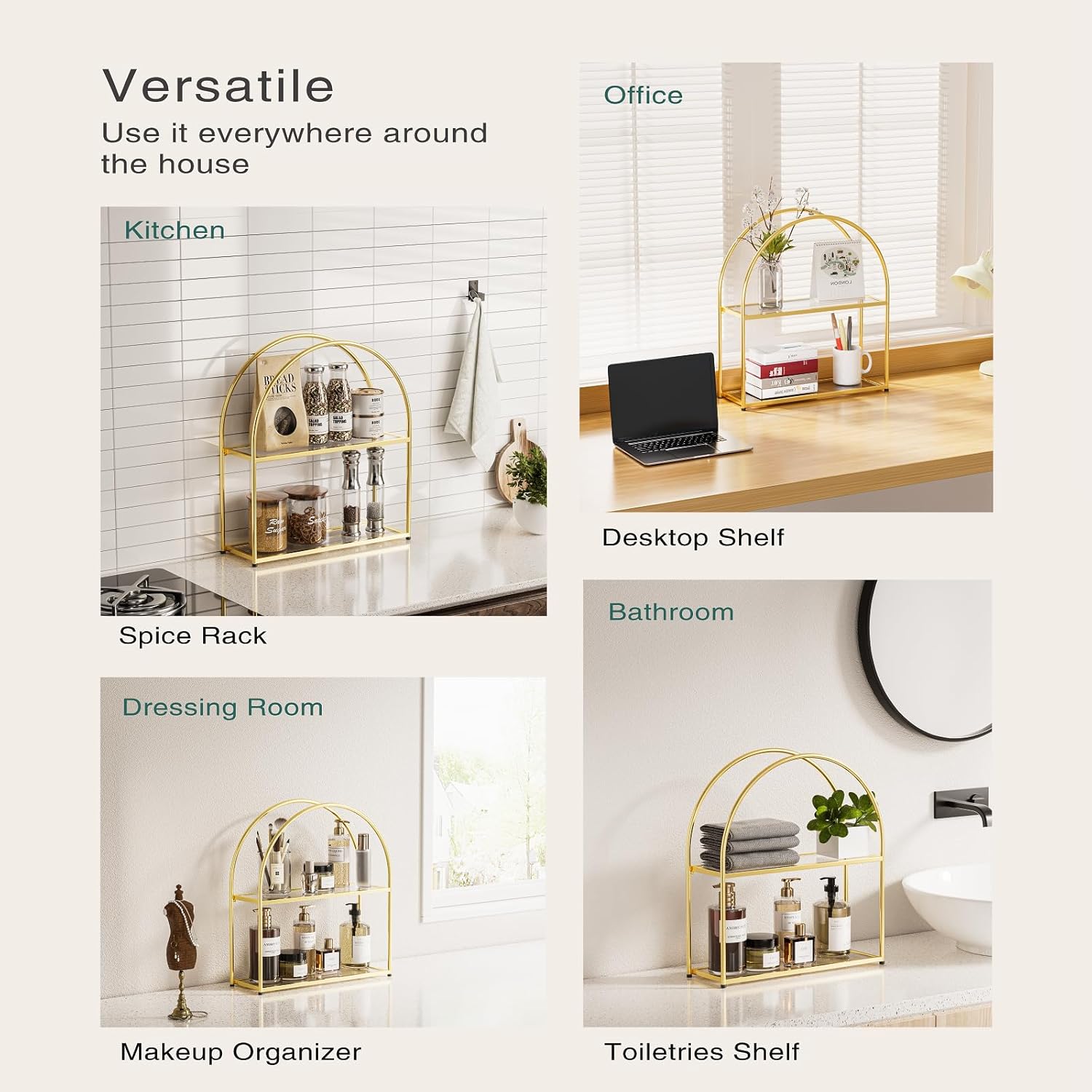 Crofy Gold Arched Frame Wall Shelf, Decorative 2 Tier Bathroom Wall Shelf with Transparent Tempered Glass Shelves and Robust Storage Capacity, 6" D x 17.9" W x 19.18" H