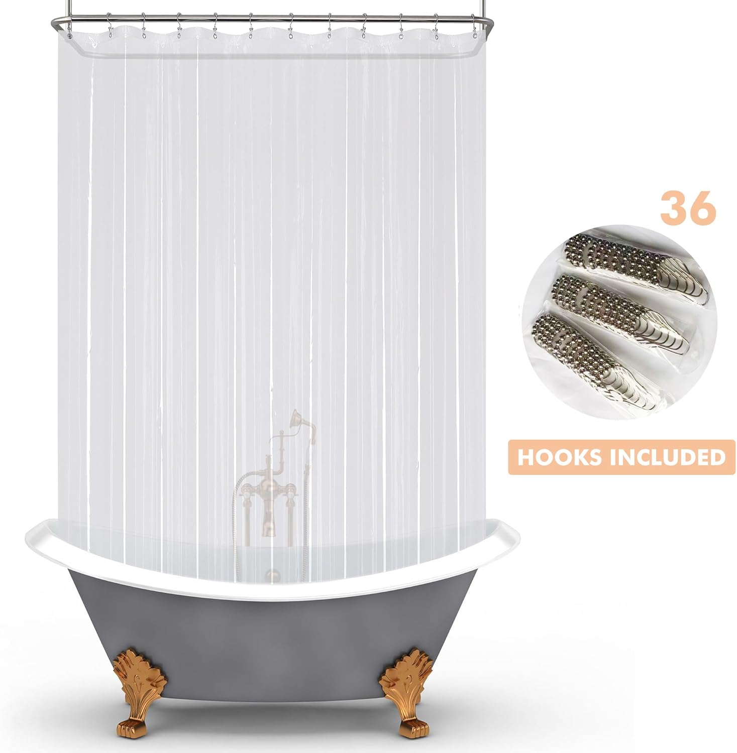 Mrs Awesome Clawfoot Tub Shower Curtain or Liner with 12 Magnets - Free 36 Hooks Included, Waterproof PEVA, 180" x 70", Clear