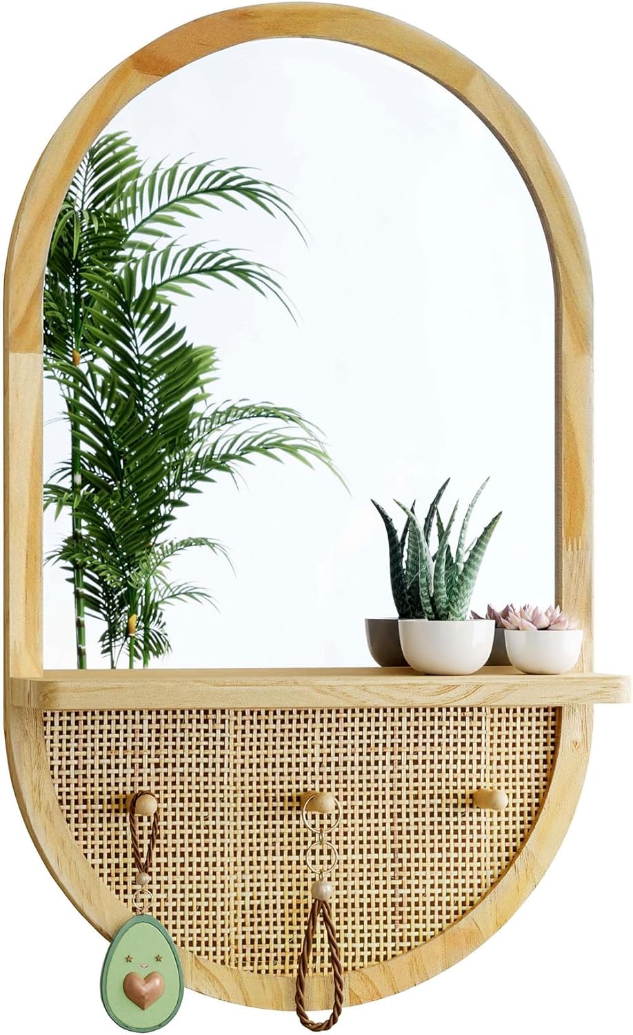 White Wall Mirror with Hooks, 22x14 Inch Boho Wall Mirror with Removable Shelf, Oval Framed, Handmade Rattan Mirror for Entryway, Over Sink, Bathroom, Bedroom, Living Room, Hallway, Vanity