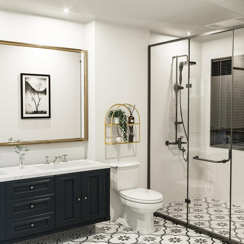 Crofy Gold Arched Frame Wall Shelf, Decorative 2 Tier Bathroom Wall Shelf with Transparent Tempered Glass Shelves and Robust Storage Capacity, 6" D x 17.9" W x 19.18" H