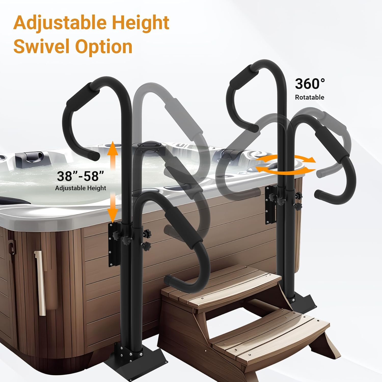 Two-Way Hot Tub Handrails, 38"-58" Adjustable Height SPA Handrail w/360 Swivel Option, Hot Tub Railing to Get in and Out, 600LBS SPA Side Handrail w/Slide Under Mount Base for Indoor&Outdoor