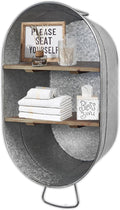 SOFE Galvanized Metal Wash Tub with Shelf, Small Oval Wall Shelf Country Bathroom Decor, 2 Tier Display Shelf Wall Mounted, Farmhouse Laundry, Floating Shelves Bathroom, Living Room