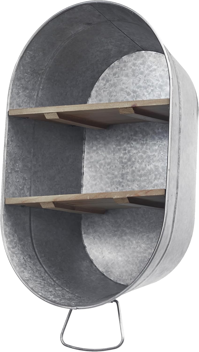 SOFE Galvanized Metal Wash Tub with Shelf, Small Oval Wall Shelf Country Bathroom Decor, 2 Tier Display Shelf Wall Mounted, Farmhouse Laundry, Floating Shelves Bathroom, Living Room