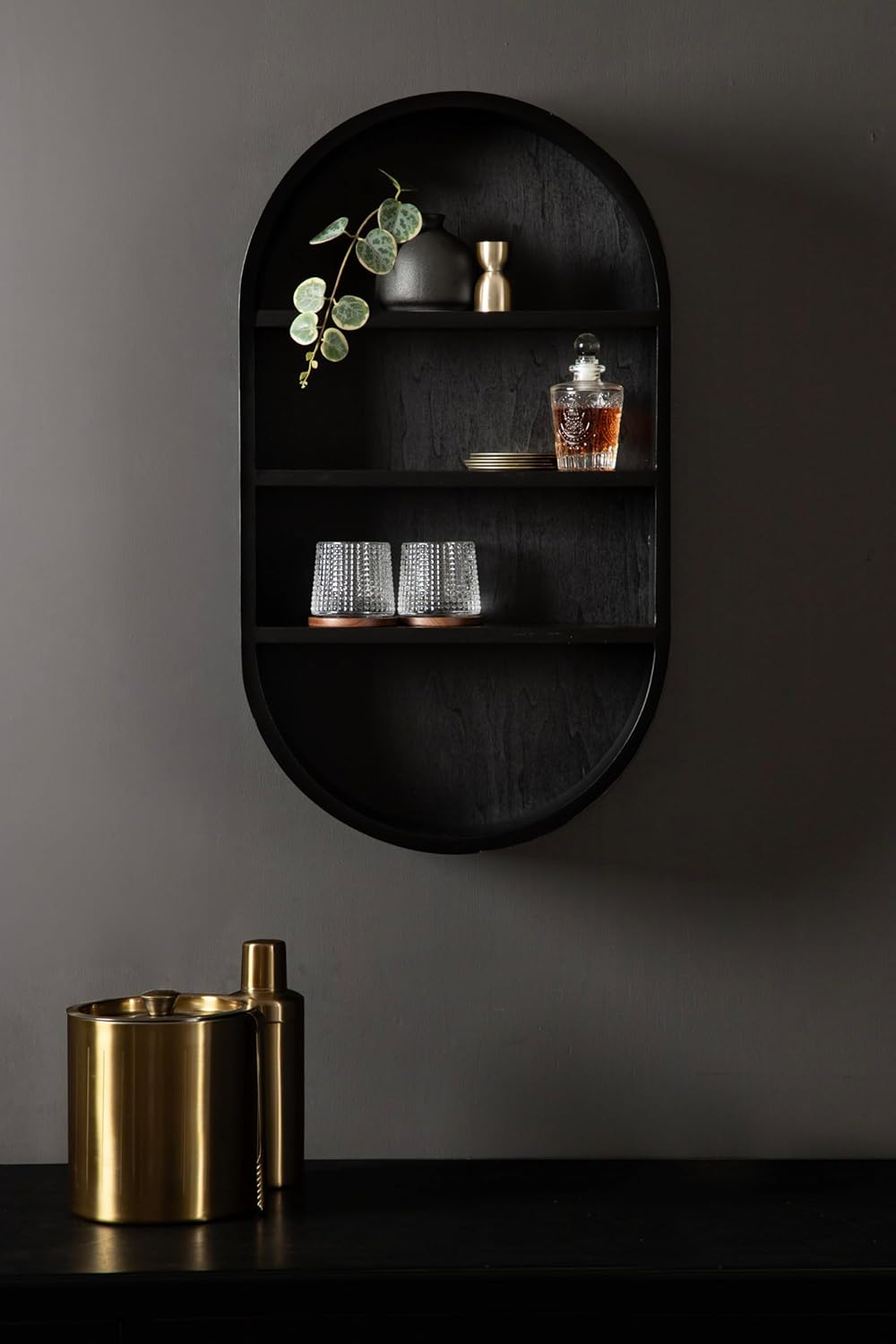 Kate and Laurel Hutton Modern Capsule Wall Shelf; 16 x 28; Black; Minimal Round Oval Wall Shelves for Above Toilet Bathroom Storage