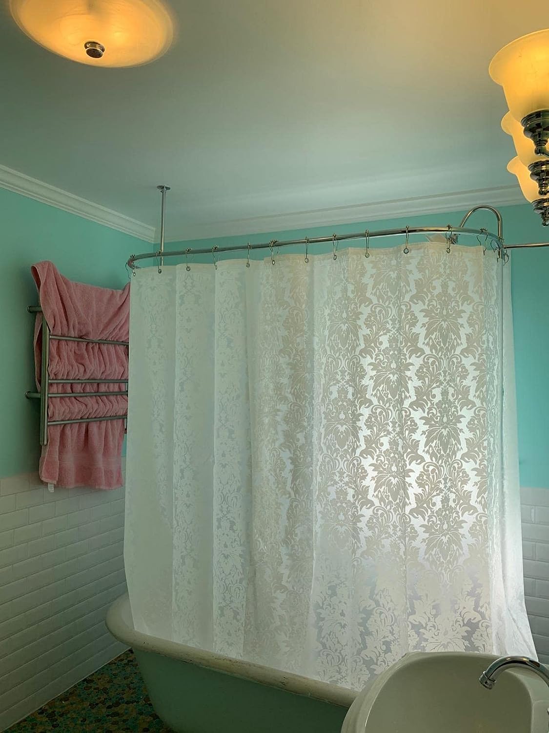 Clawfoot Tub Shower Curtain Floral Damask Liner All Around Extra Wide 180x70 Inch Heavy Duty Artwork Print Bath Curtain for Bathroom Decoration with 36 Metal Grommets Hooks PEVA Waterproof