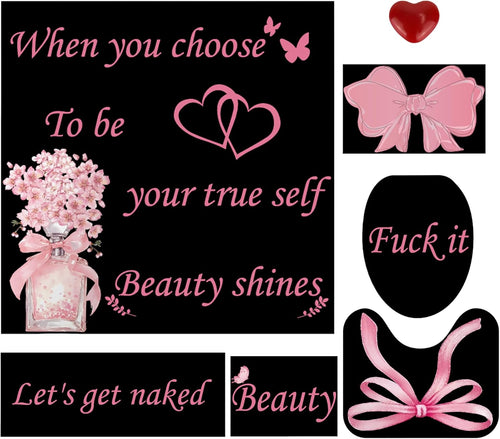 7 PCS Shower Curtain and Bath Mat Set, Black Bathroom Rug Set with Toilet Lid & Tank Cover, Complete Bathroom Sets for Modern Decor