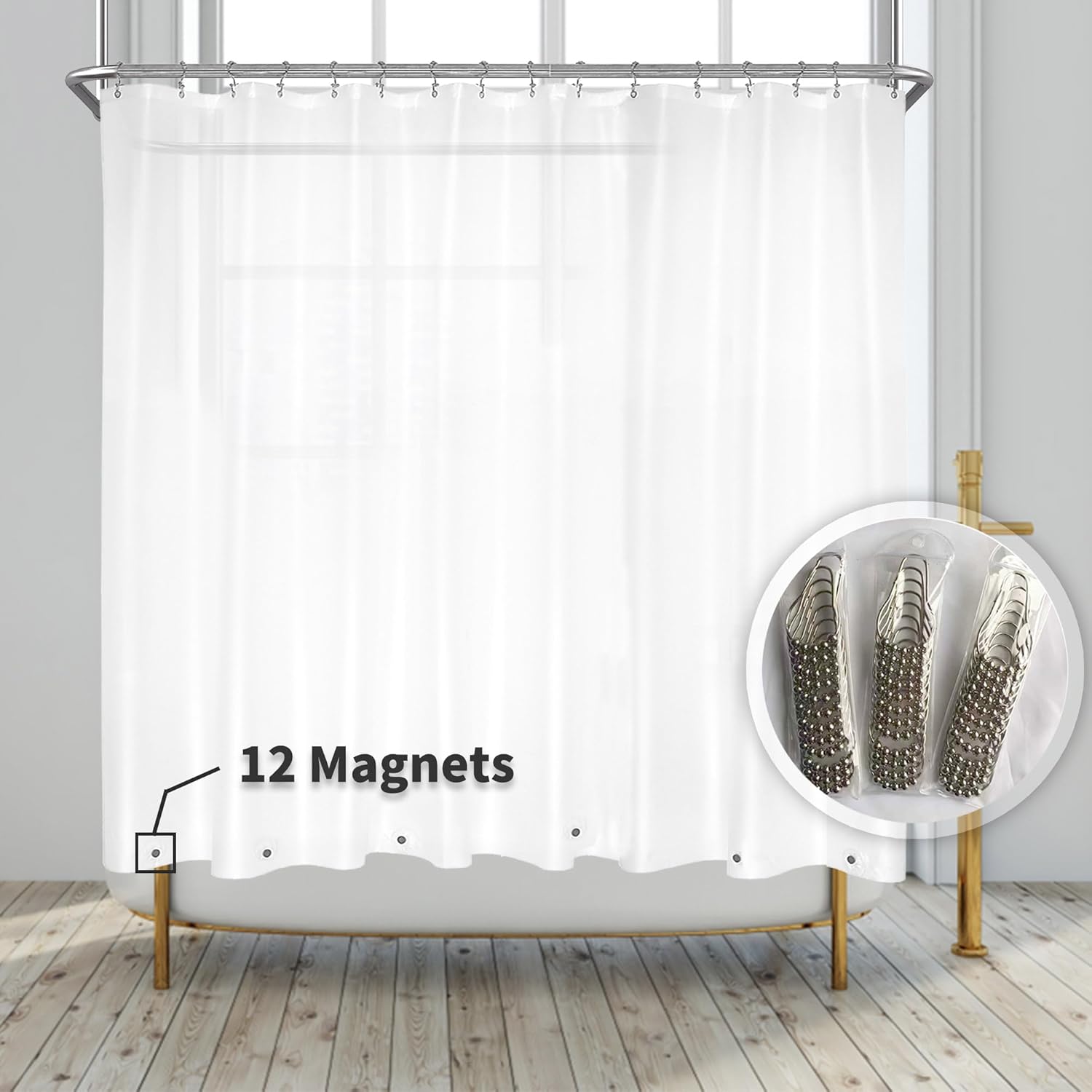Barossa Design Clawfoot Tub Shower Curtain with 12 Magnets - 36 Metal Hooks Included, 180" W x 70" H Wrap Around, Waterproof PEVA, Metal Grommets - Frosted, 180x70