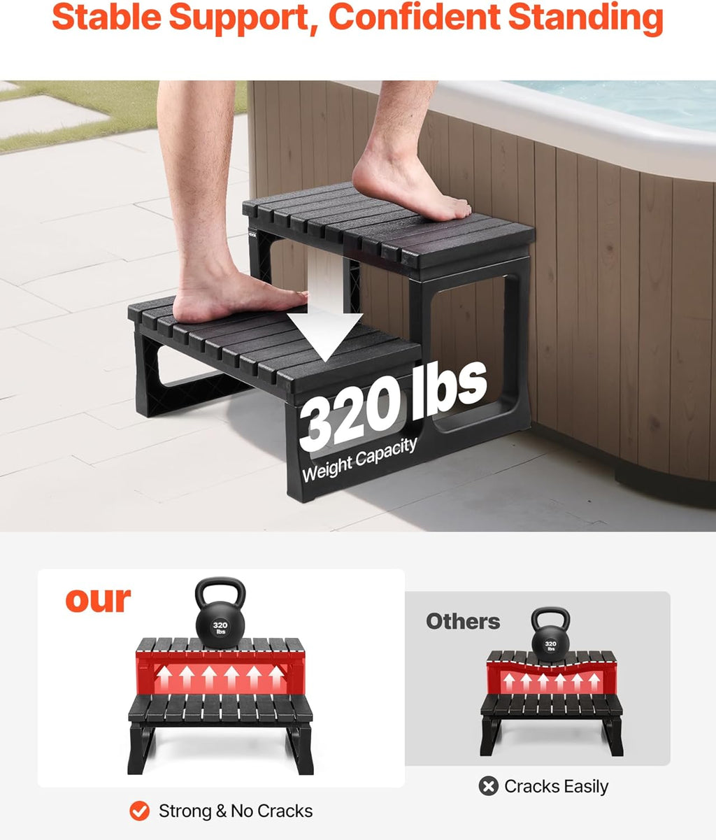 VEVOR Hot Tub Steps, 2-Step Spa Outdoor Stairs, Heavy Duty 23.6 inch Wide PP Above-Ground/Inflatable Pool Ladder with 320 lbs Weight Capacity, Multi-Use for Porch, Patio, Deck, Campers, Black