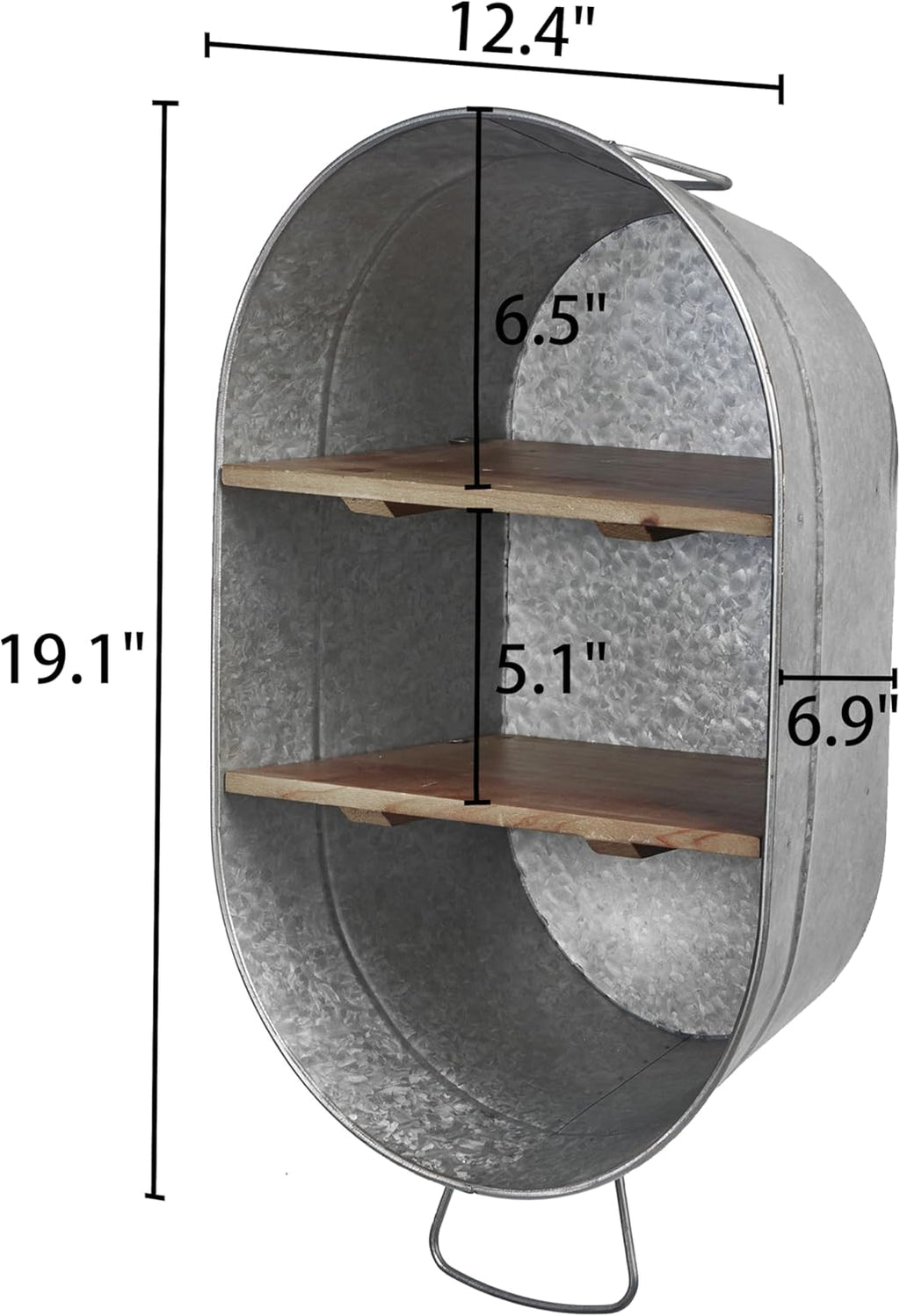 SOFE Galvanized Metal Wash Tub with Shelf, Small Oval Wall Shelf Country Bathroom Decor, 2 Tier Display Shelf Wall Mounted, Farmhouse Laundry, Floating Shelves Bathroom, Living Room