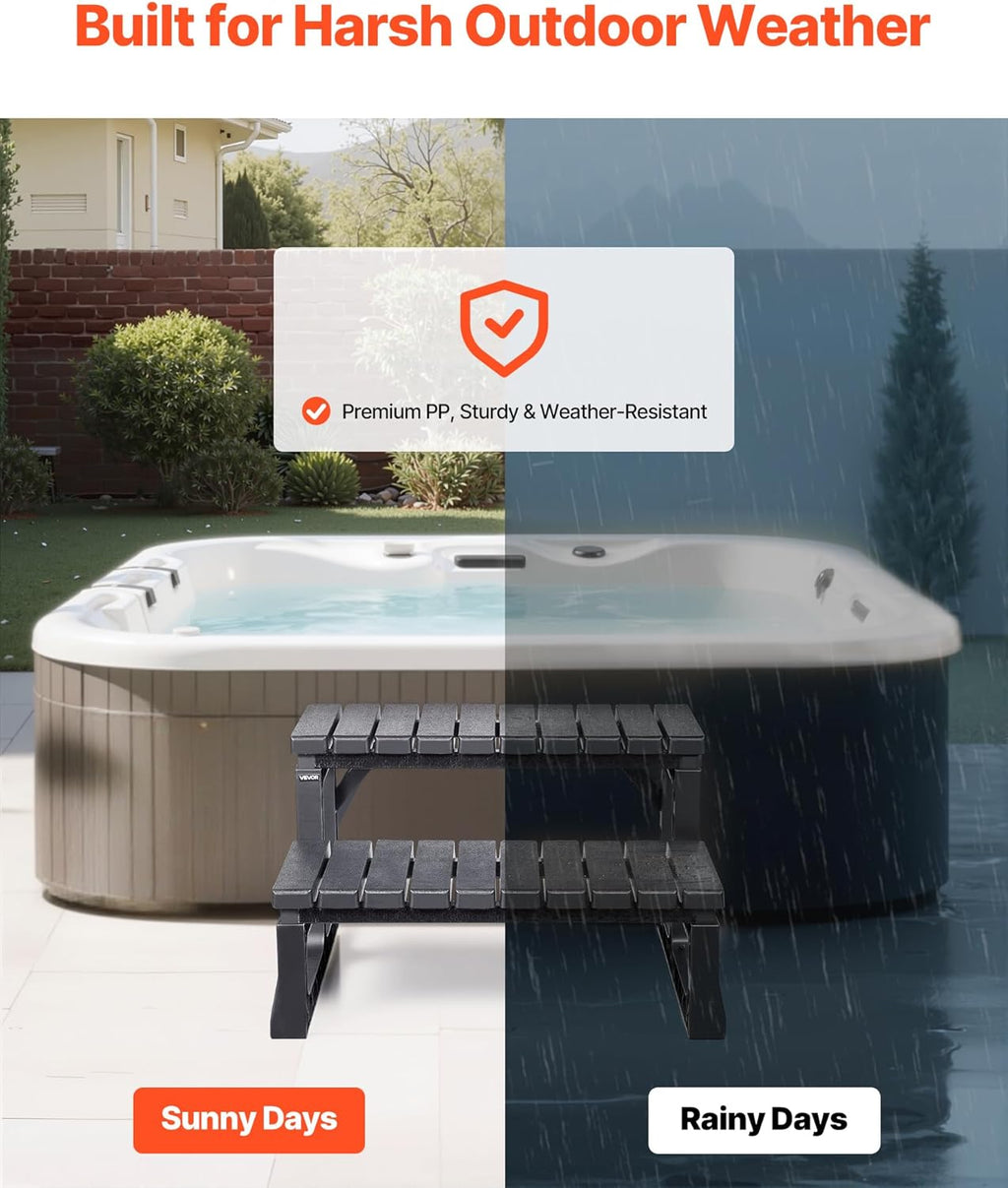 VEVOR Hot Tub Steps, 2-Step Spa Outdoor Stairs, Heavy Duty 23.6 inch Wide PP Above-Ground/Inflatable Pool Ladder with 320 lbs Weight Capacity, Multi-Use for Porch, Patio, Deck, Campers, Black