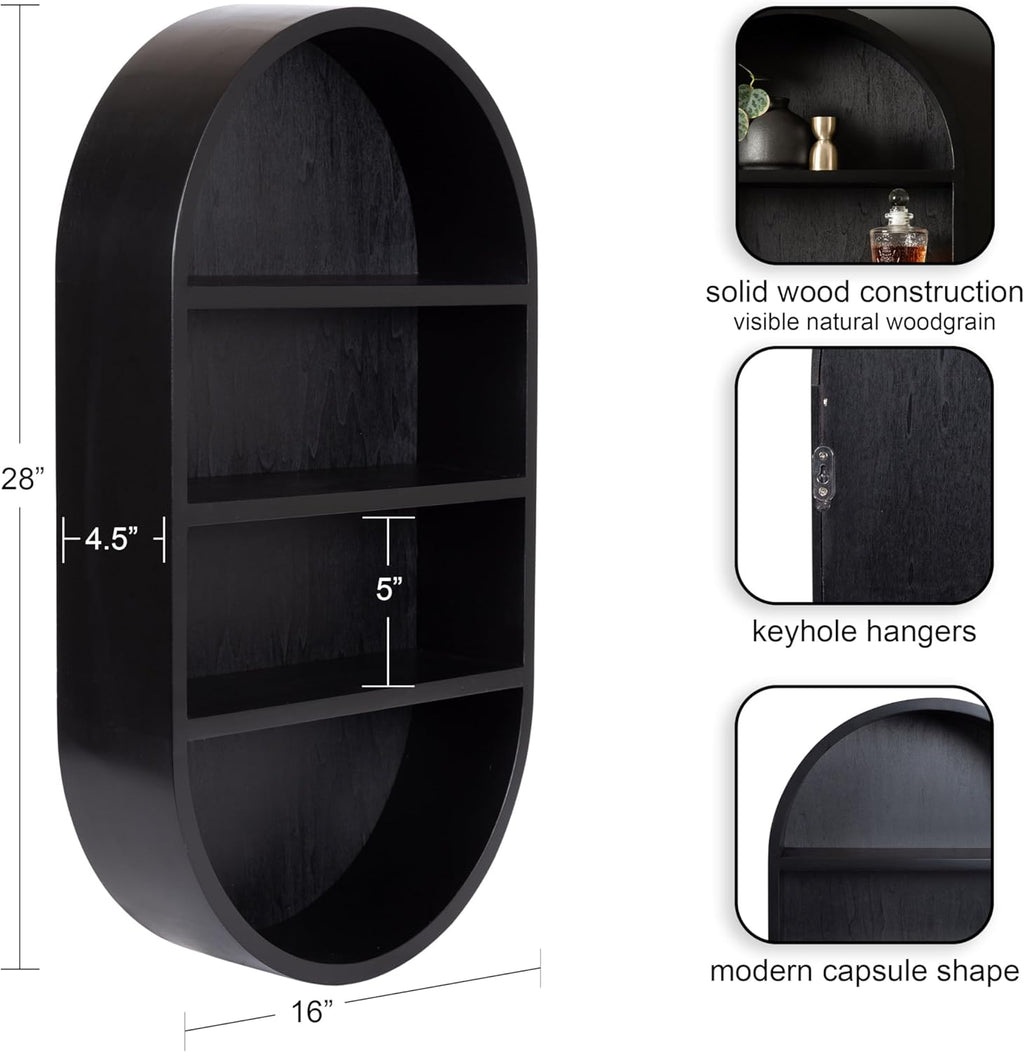 Kate and Laurel Hutton Modern Capsule Wall Shelf; 16 x 28; Black; Minimal Round Oval Wall Shelves for Above Toilet Bathroom Storage