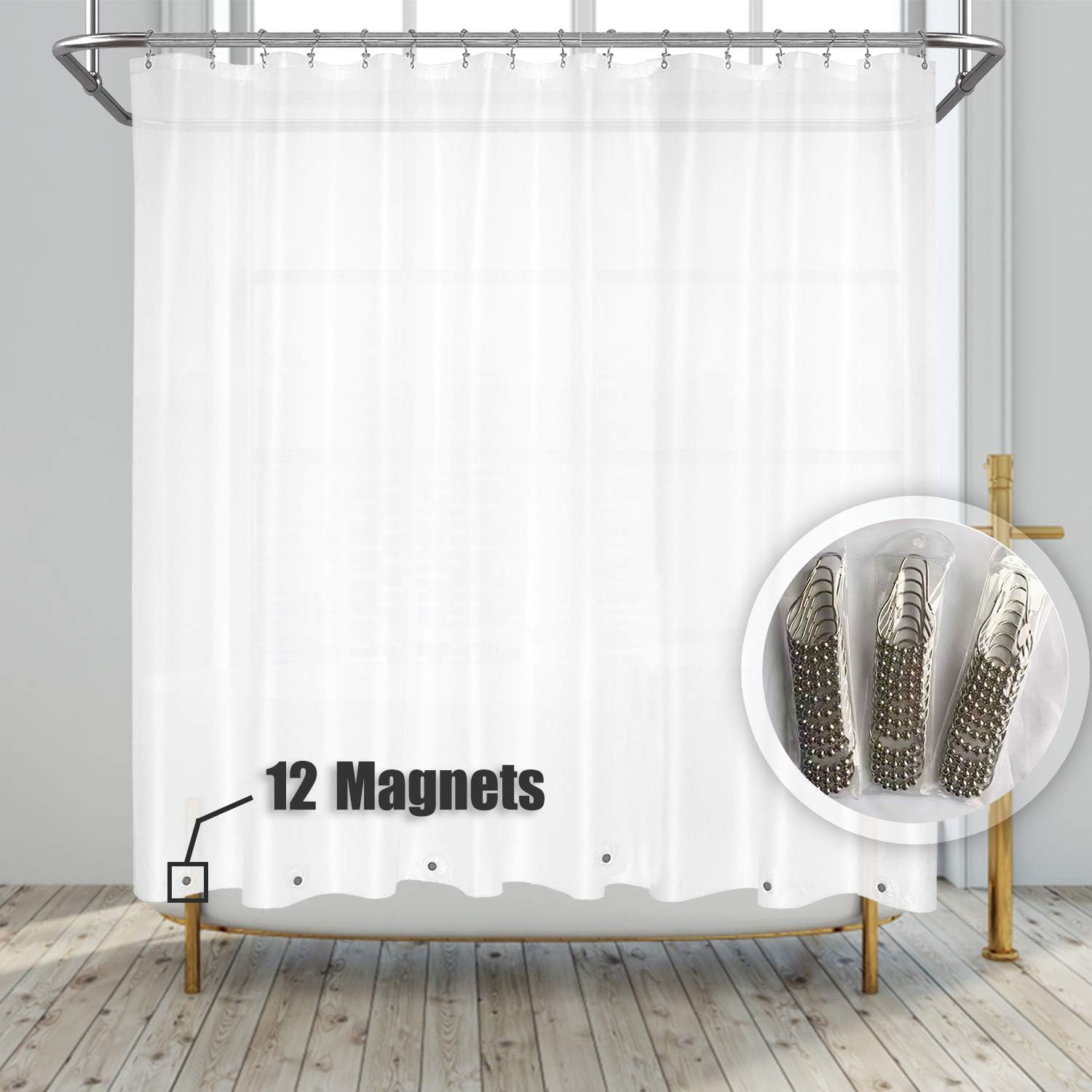 Barossa Design Clawfoot Tub Shower Curtain with 12 Magnets - 36 Metal Hooks Included, 180" W x 70" H Wrap Around, Waterproof PEVA, Metal Grommets - Frosted, 180x70