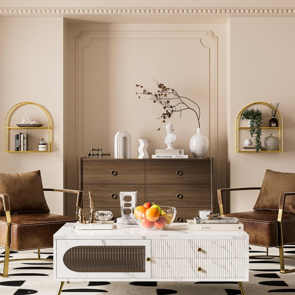 Crofy Gold Arched Frame Wall Shelf, Decorative 2 Tier Bathroom Wall Shelf with Transparent Tempered Glass Shelves and Robust Storage Capacity, 6" D x 17.9" W x 19.18" H