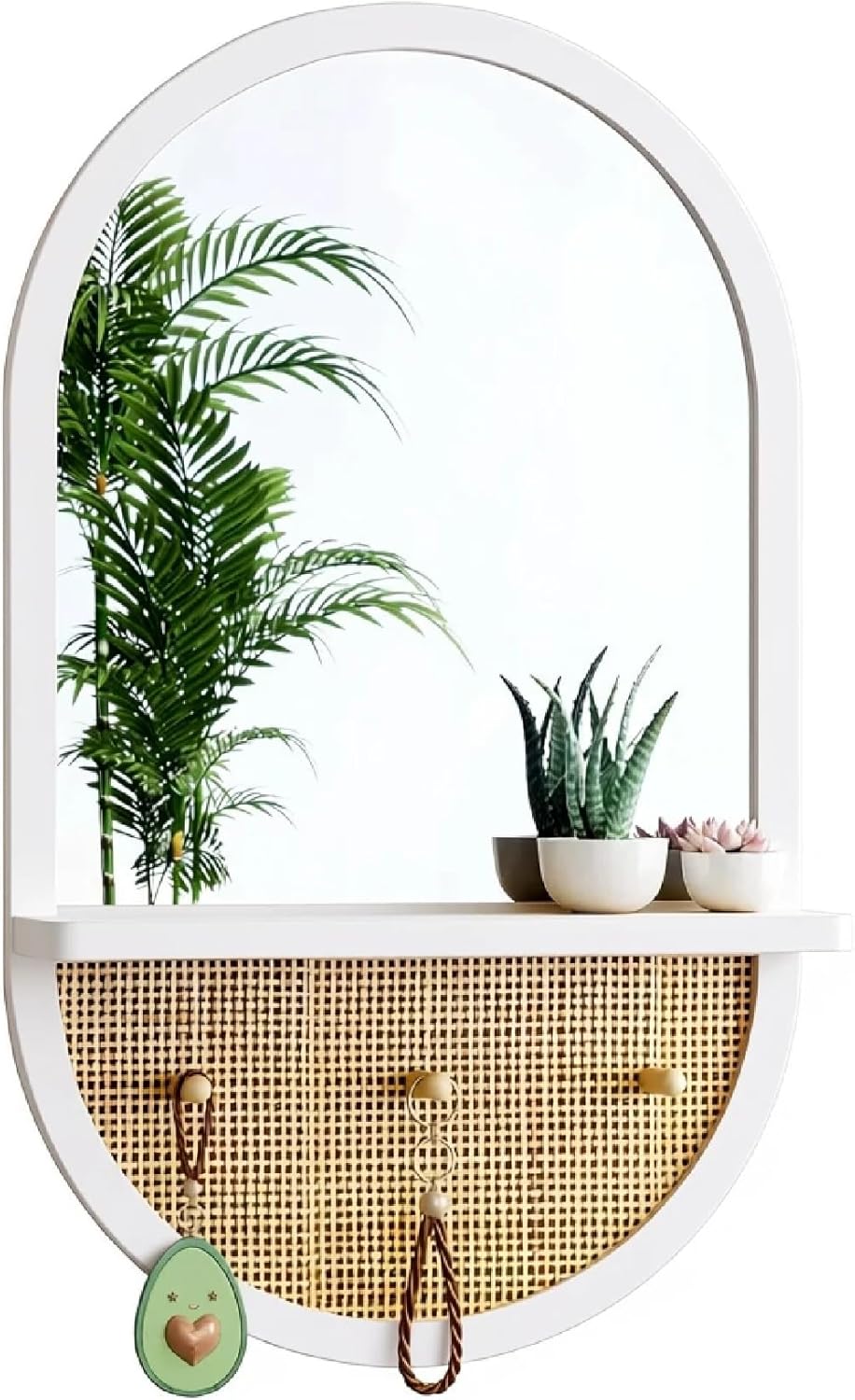 White Wall Mirror with Hooks, 22x14 Inch Boho Wall Mirror with Removable Shelf, Oval Framed, Handmade Rattan Mirror for Entryway, Over Sink, Bathroom, Bedroom, Living Room, Hallway, Vanity