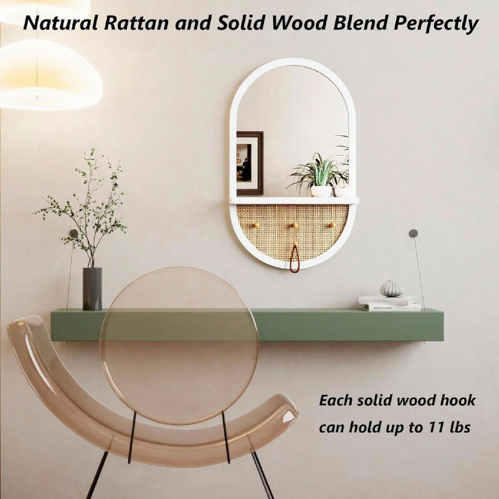 White Wall Mirror with Hooks, 22x14 Inch Boho Wall Mirror with Removable Shelf, Oval Framed, Handmade Rattan Mirror for Entryway, Over Sink, Bathroom, Bedroom, Living Room, Hallway, Vanity
