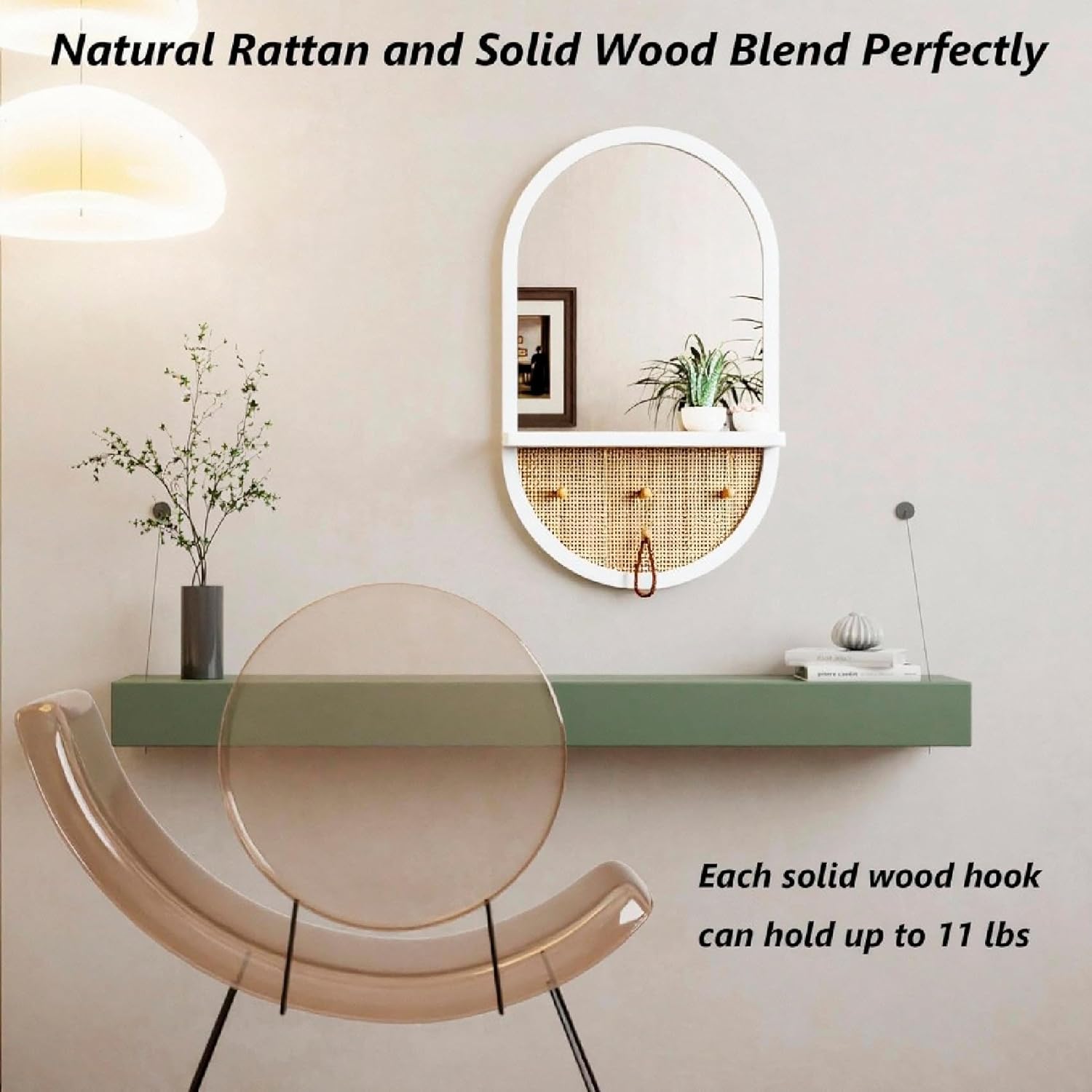 White Wall Mirror with Hooks, 22x14 Inch Boho Wall Mirror with Removable Shelf, Oval Framed, Handmade Rattan Mirror for Entryway, Over Sink, Bathroom, Bedroom, Living Room, Hallway, Vanity