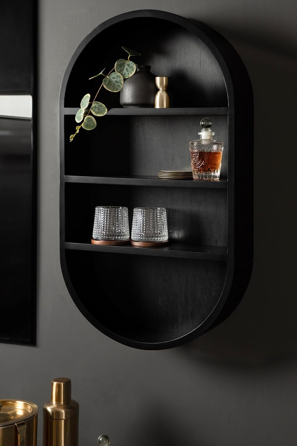 Kate and Laurel Hutton Modern Capsule Wall Shelf; 16 x 28; Black; Minimal Round Oval Wall Shelves for Above Toilet Bathroom Storage