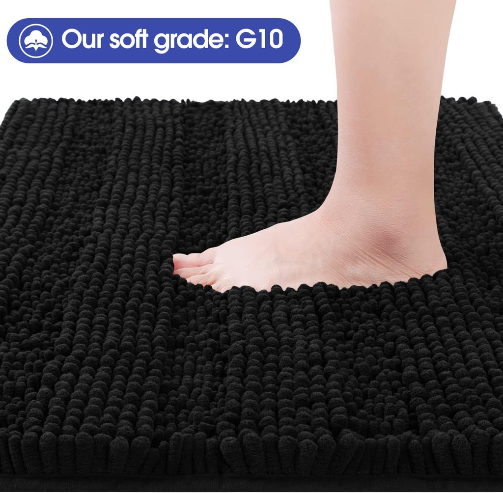 ACCUMTEK Striped Black Bathroom Rug Set 3 Pieces Ultra Soft, Non Slip Chenille Toilet Mat, Absorbent Plush Shaggy Bath Mats for Bathroom, Bedroom, Kitchen