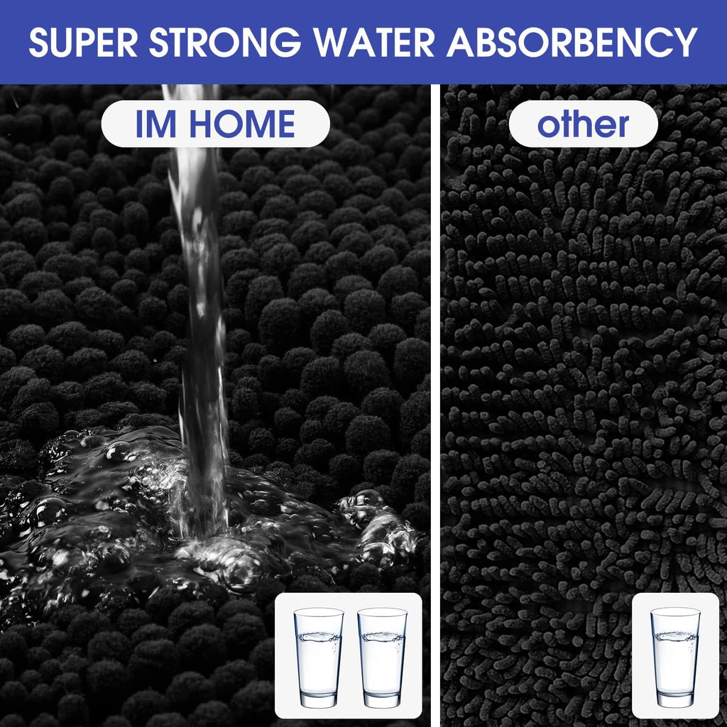 ACCUMTEK Striped Black Bathroom Rug Set 3 Pieces Ultra Soft, Non Slip Chenille Toilet Mat, Absorbent Plush Shaggy Bath Mats for Bathroom, Bedroom, Kitchen