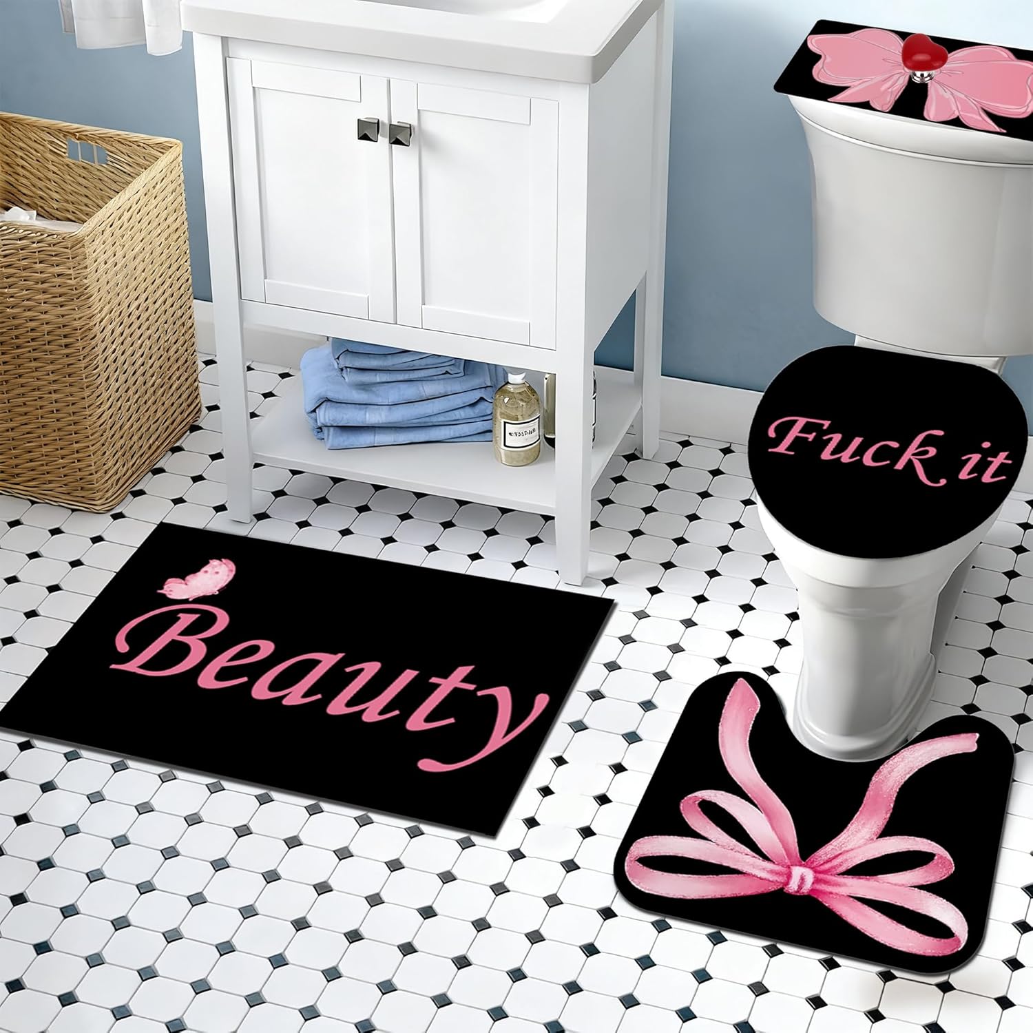 7 PCS Shower Curtain and Bath Mat Set, Black Bathroom Rug Set with Toilet Lid & Tank Cover, Complete Bathroom Sets for Modern Decor