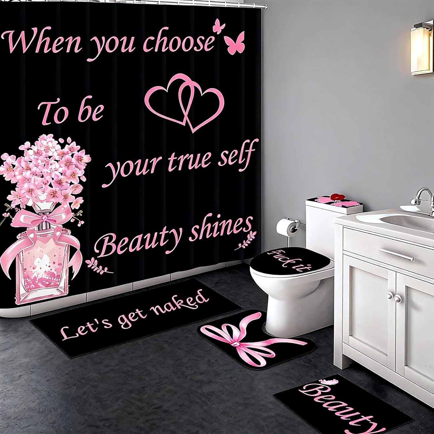 7 PCS Shower Curtain and Bath Mat Set, Black Bathroom Rug Set with Toilet Lid & Tank Cover, Complete Bathroom Sets for Modern Decor