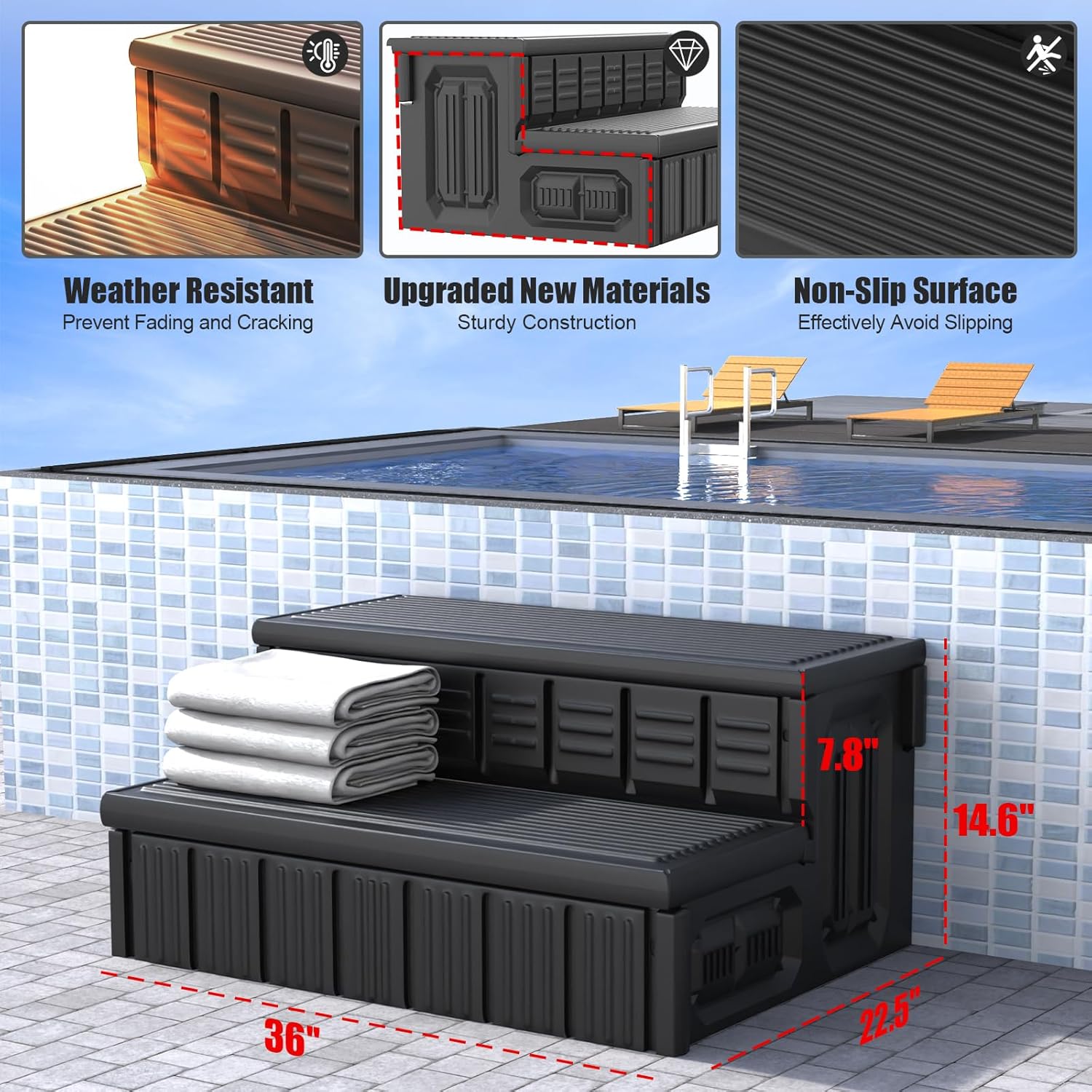 Hot Tub Steps, Outdoor Spa Steps with Storage, Non-Slip & Sturdy Hot Tub Stairs, 36 Inches Long, Black