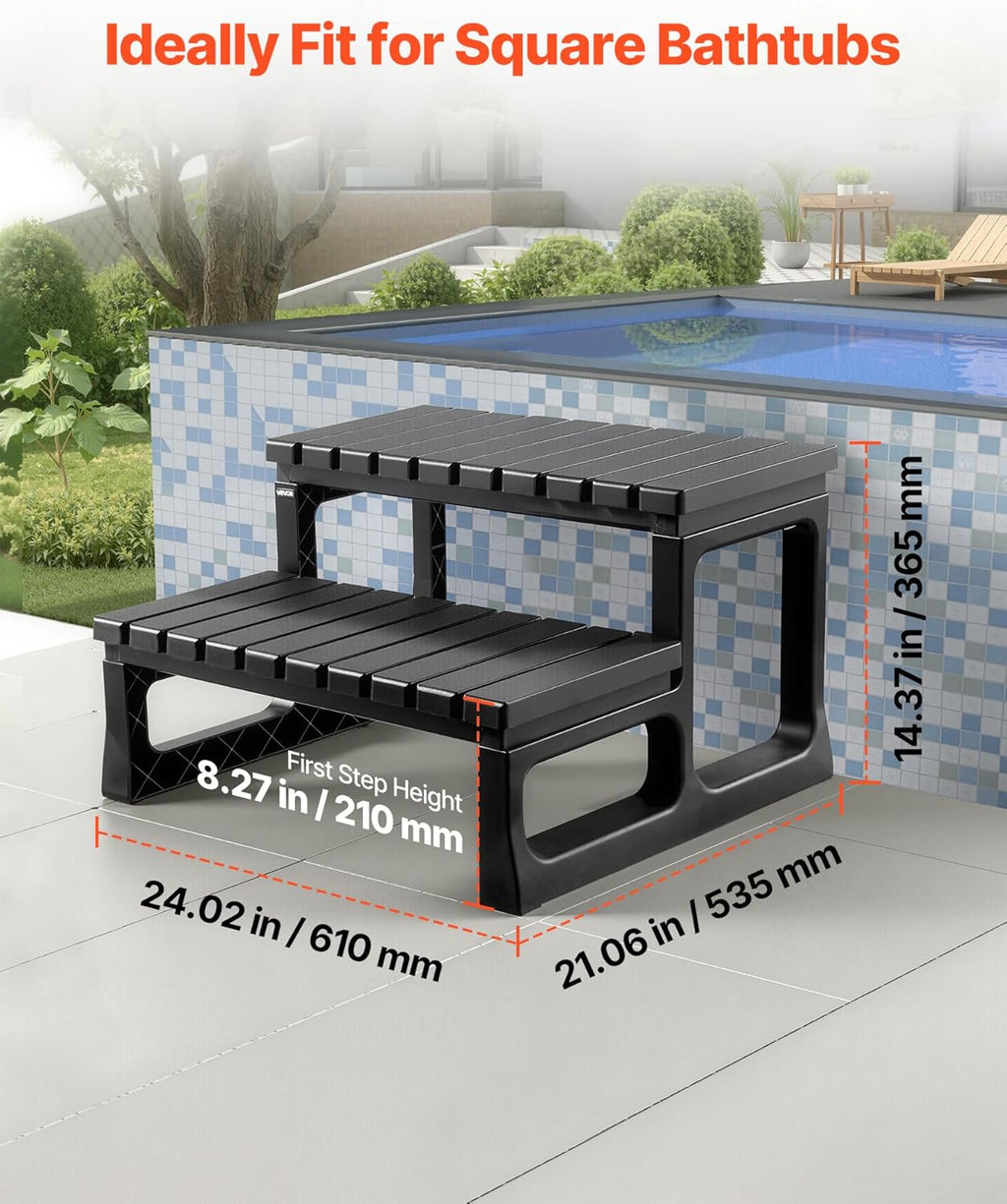 VEVOR Hot Tub Steps, 2-Step Spa Outdoor Stairs, Heavy Duty 23.6 inch Wide PP Above-Ground/Inflatable Pool Ladder with 320 lbs Weight Capacity, Multi-Use for Porch, Patio, Deck, Campers, Black