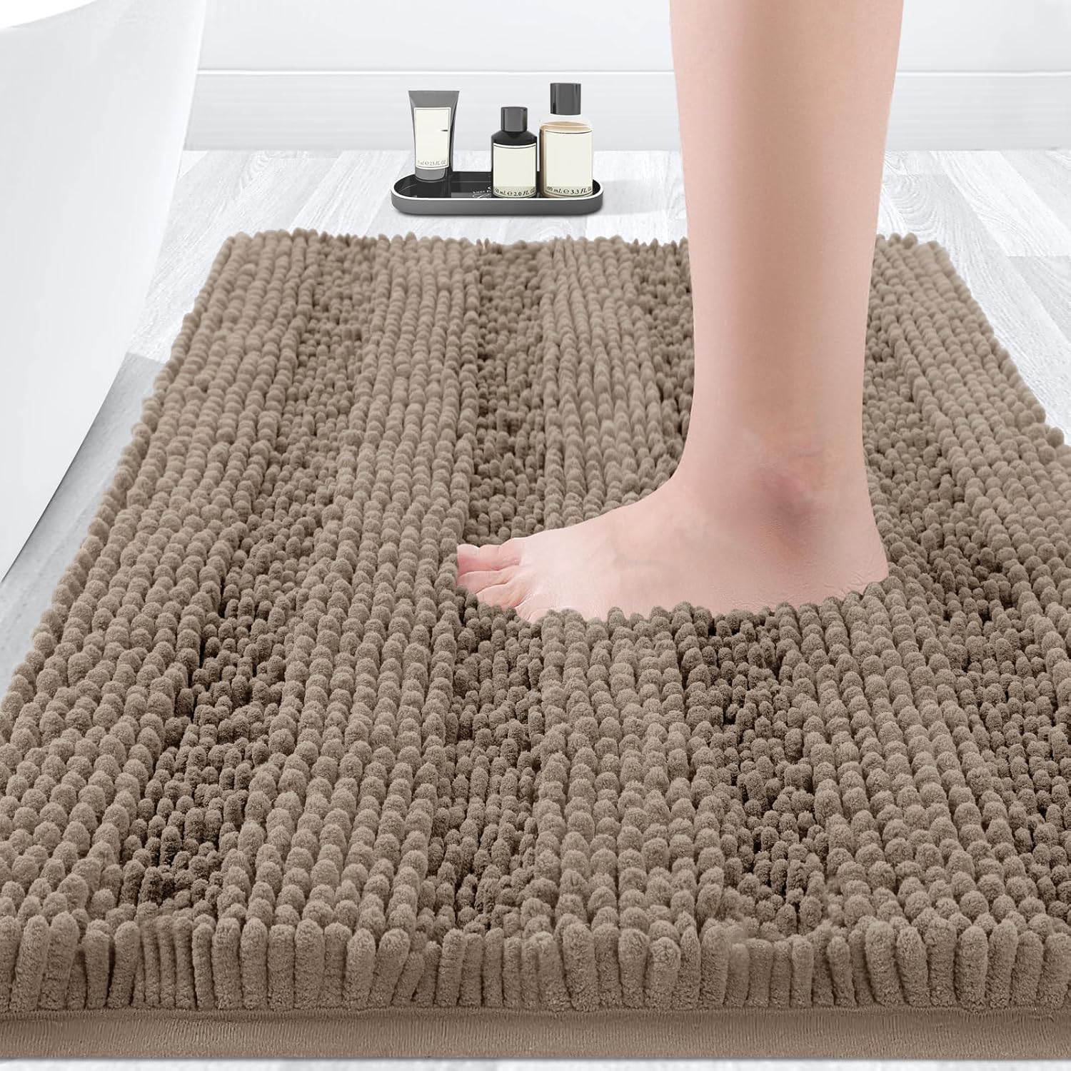 ACCUMTEK Striped Black Bathroom Rug Set 3 Pieces Ultra Soft, Non Slip Chenille Toilet Mat, Absorbent Plush Shaggy Bath Mats for Bathroom, Bedroom, Kitchen
