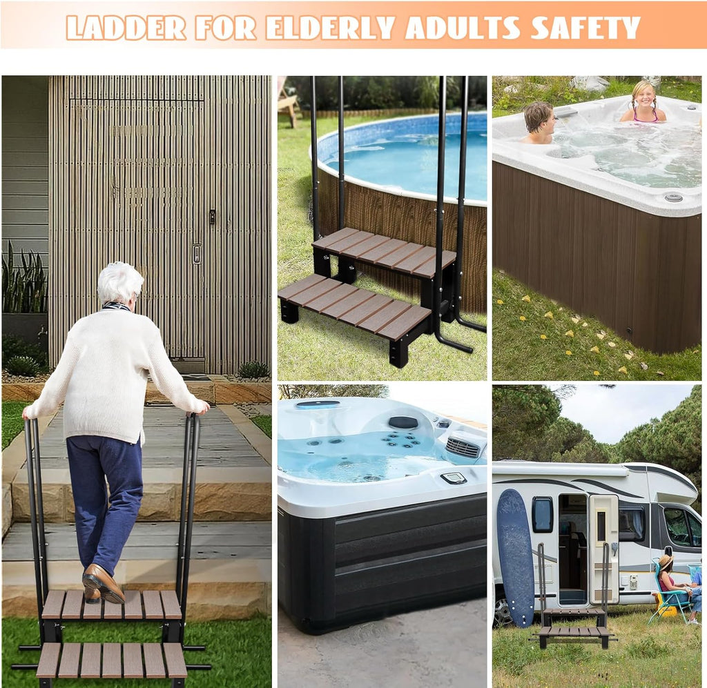 Hot Tub Ladder Above Ground,Pool Hot Tub Steps Wood with 2 Handrails and Anti-Skid Pads,600 LB Load Capacity Pool Stairs Pool Steps for Travel Trailers, Spa, Camper, 5th Wheels (2 Step, 2 Handle)