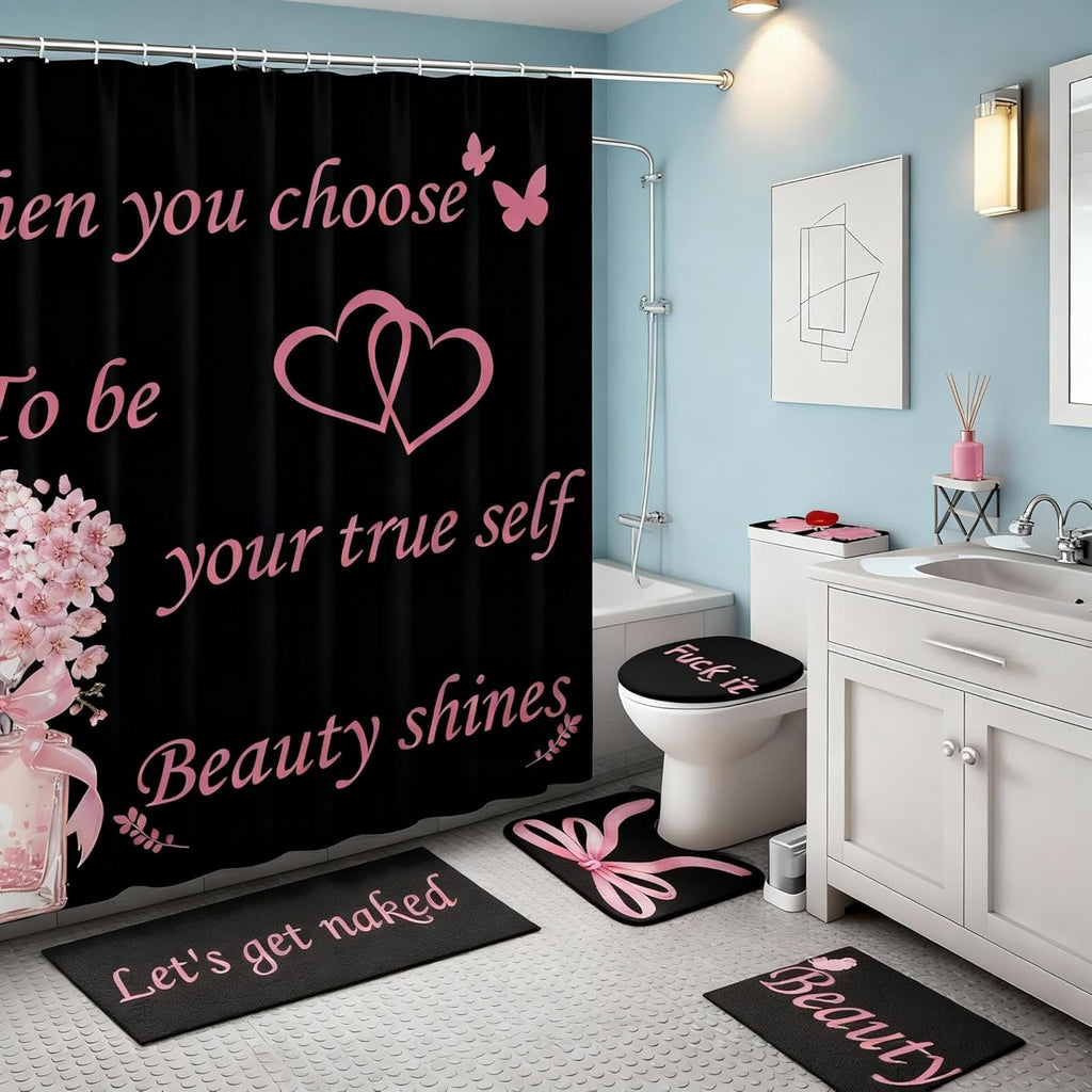 7 PCS Shower Curtain and Bath Mat Set, Black Bathroom Rug Set with Toilet Lid & Tank Cover, Complete Bathroom Sets for Modern Decor