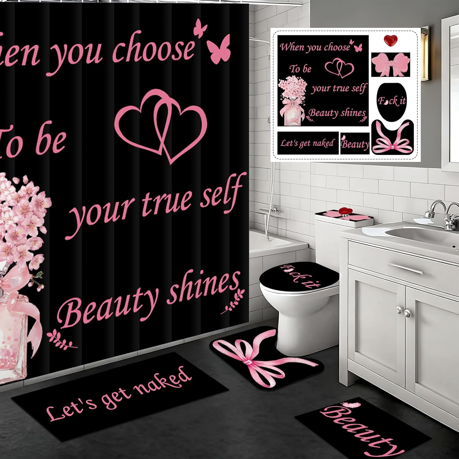 7 PCS Shower Curtain and Bath Mat Set, Black Bathroom Rug Set with Toilet Lid & Tank Cover, Complete Bathroom Sets for Modern Decor