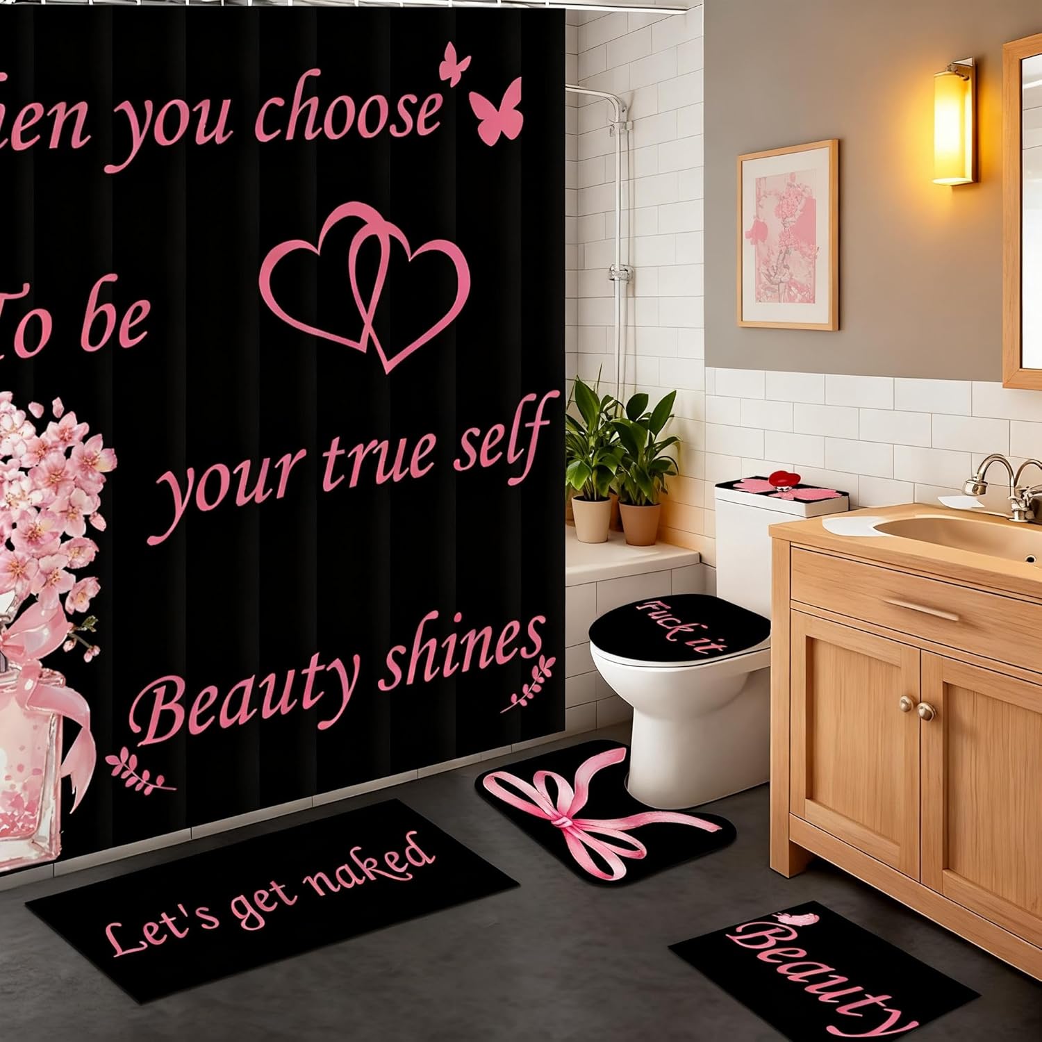 7 PCS Shower Curtain and Bath Mat Set, Black Bathroom Rug Set with Toilet Lid & Tank Cover, Complete Bathroom Sets for Modern Decor