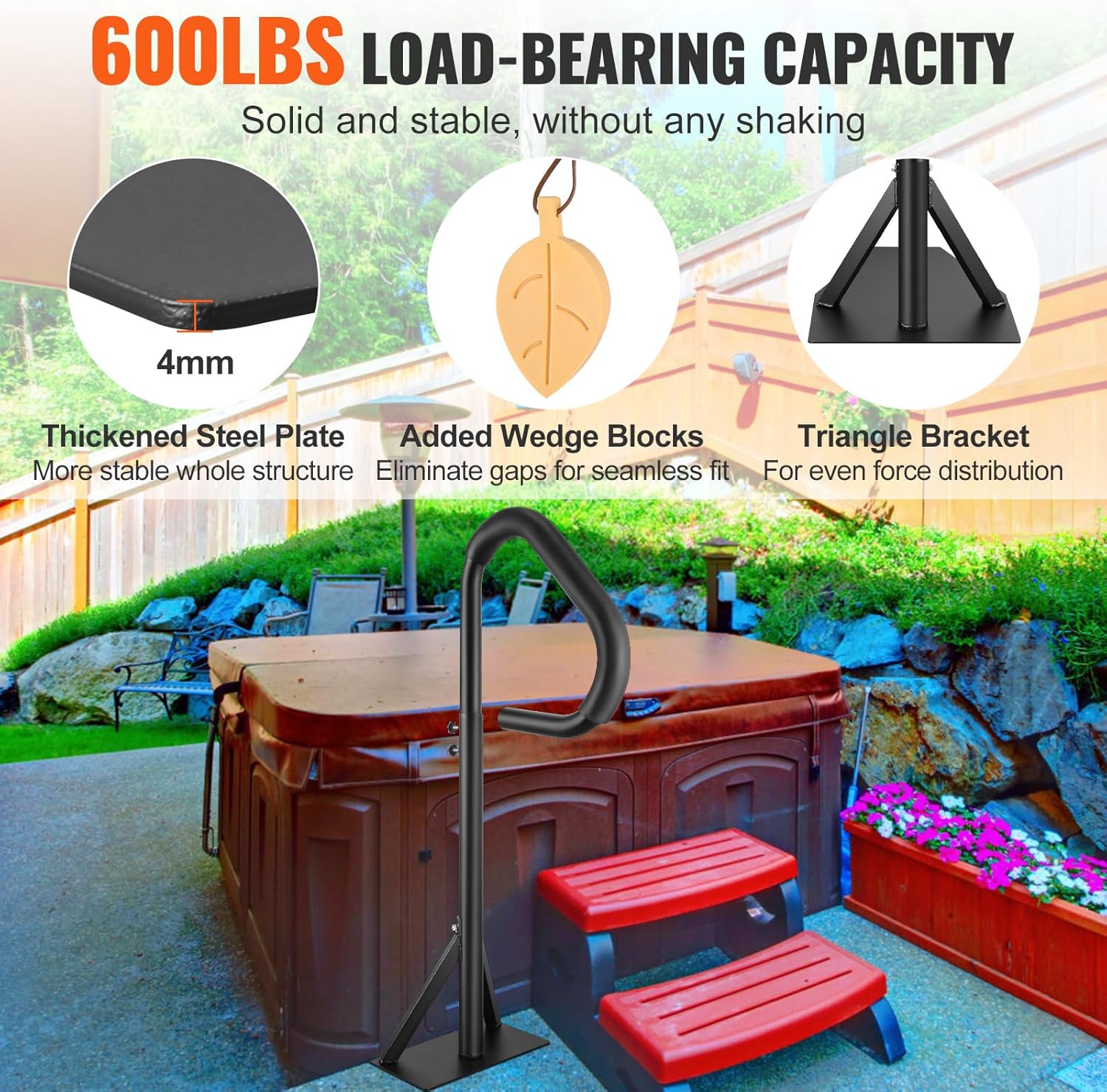 VEVOR Hot Tub Handrail, 360 Rotatable Spa Side Handrail with 35"-57" Adjustable Height, Rust-proof Aluminum Spa Step Hot Tub Hand Rail with Slide-Under Mount Base for Indoor & Outdoor, 600LBS Capacity