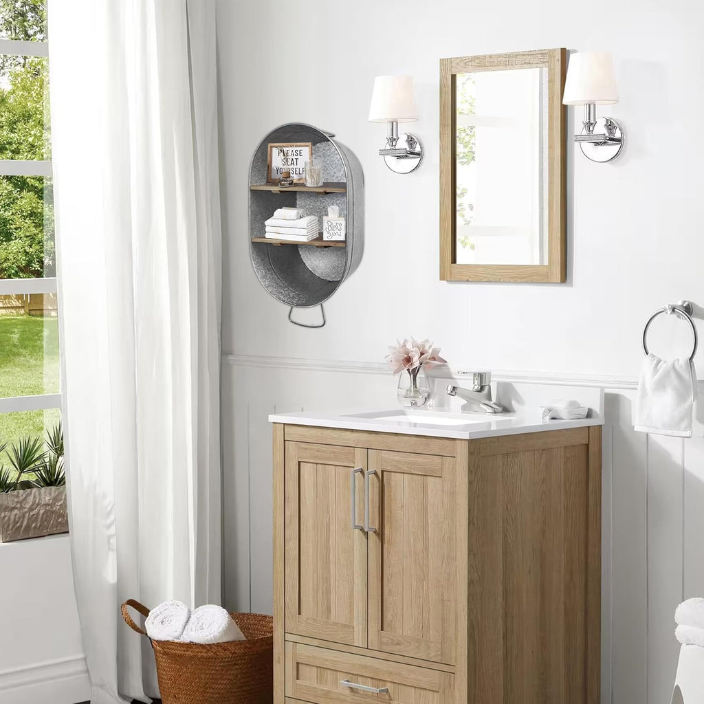 SOFE Galvanized Metal Wash Tub with Shelf, Small Oval Wall Shelf Country Bathroom Decor, 2 Tier Display Shelf Wall Mounted, Farmhouse Laundry, Floating Shelves Bathroom, Living Room