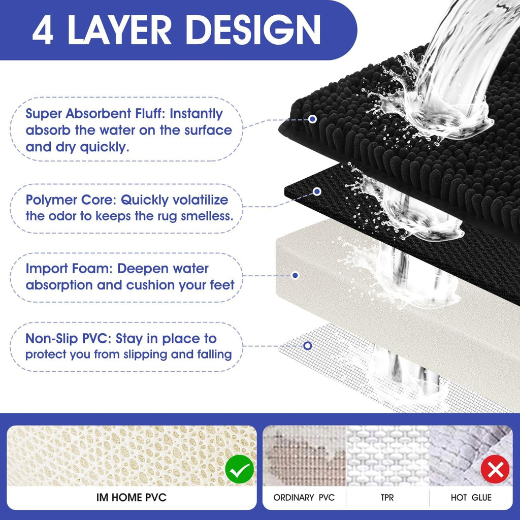 ACCUMTEK Striped Black Bathroom Rug Set 3 Pieces Ultra Soft, Non Slip Chenille Toilet Mat, Absorbent Plush Shaggy Bath Mats for Bathroom, Bedroom, Kitchen